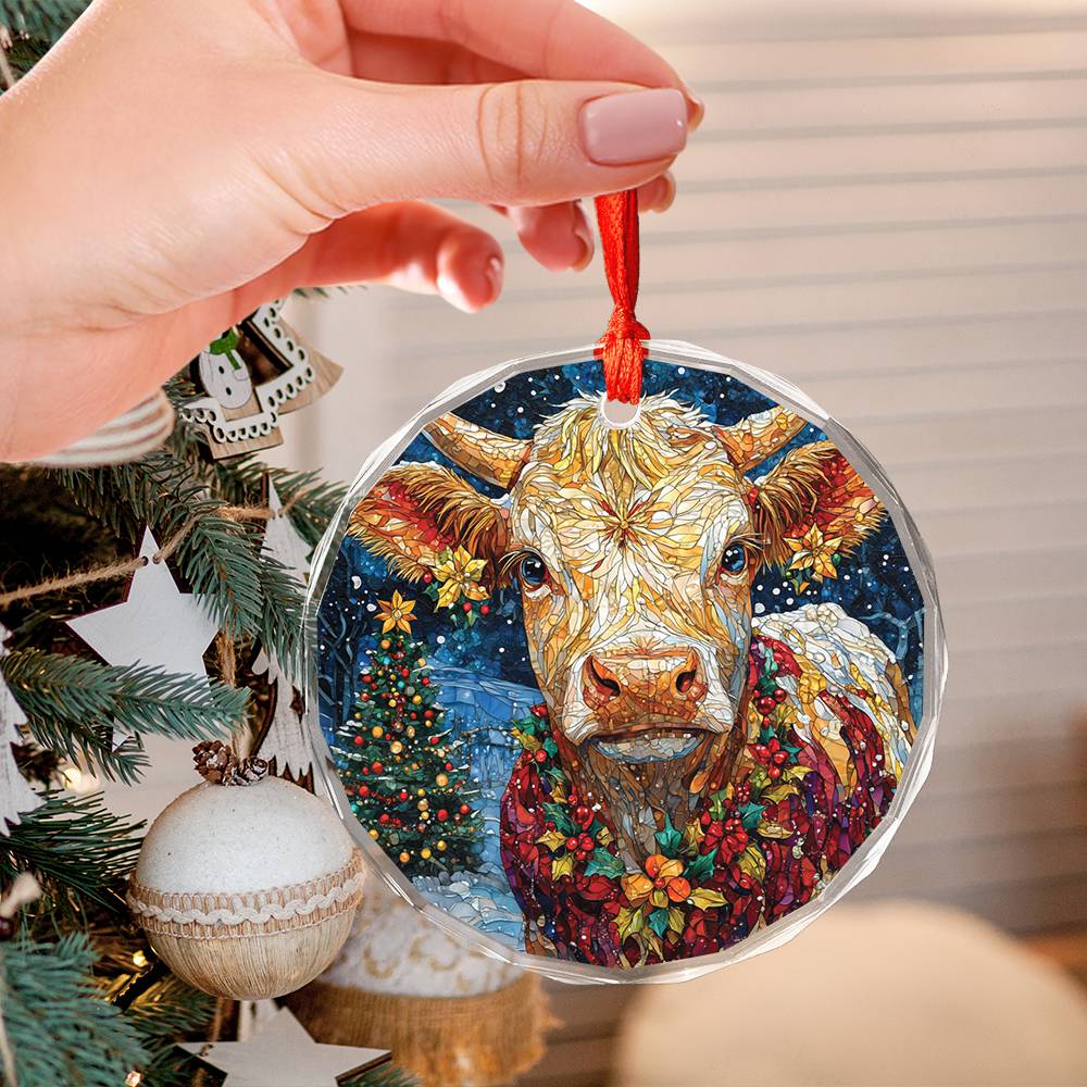 Beautiful Hereford Cow Christmas Night Design 2 Glass Ornament