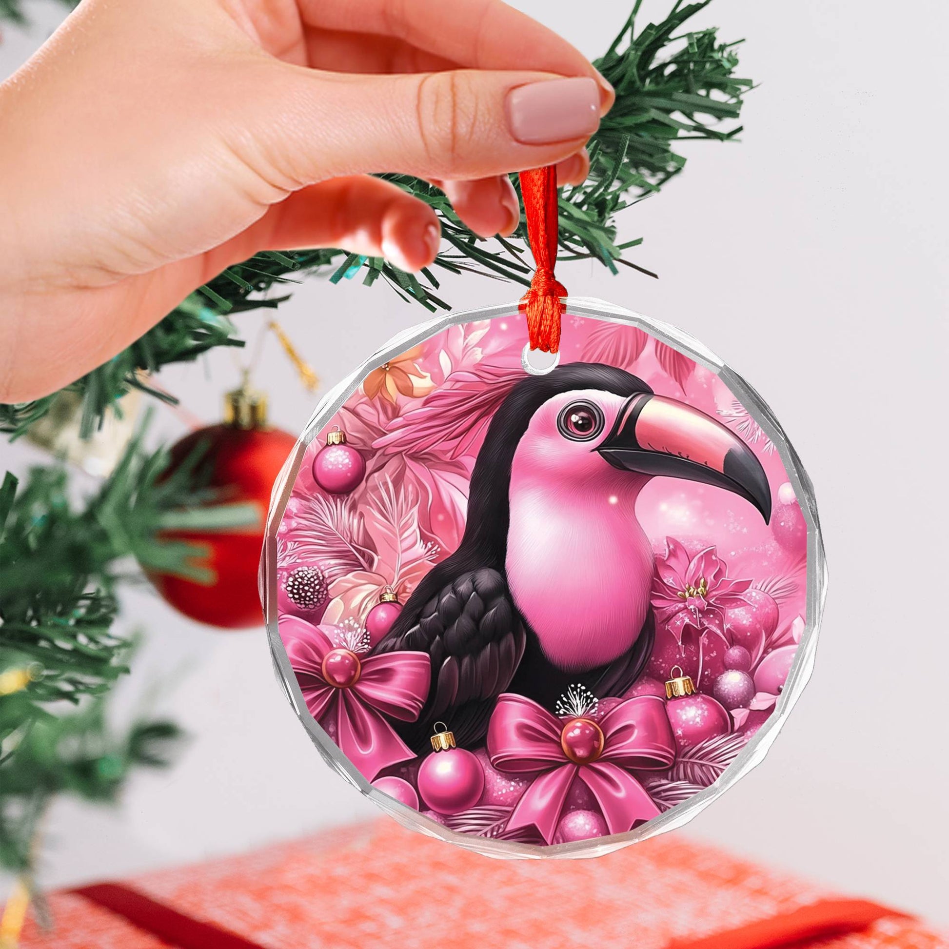 Toucan Pink Christmas Design 1 Glass Ornament
