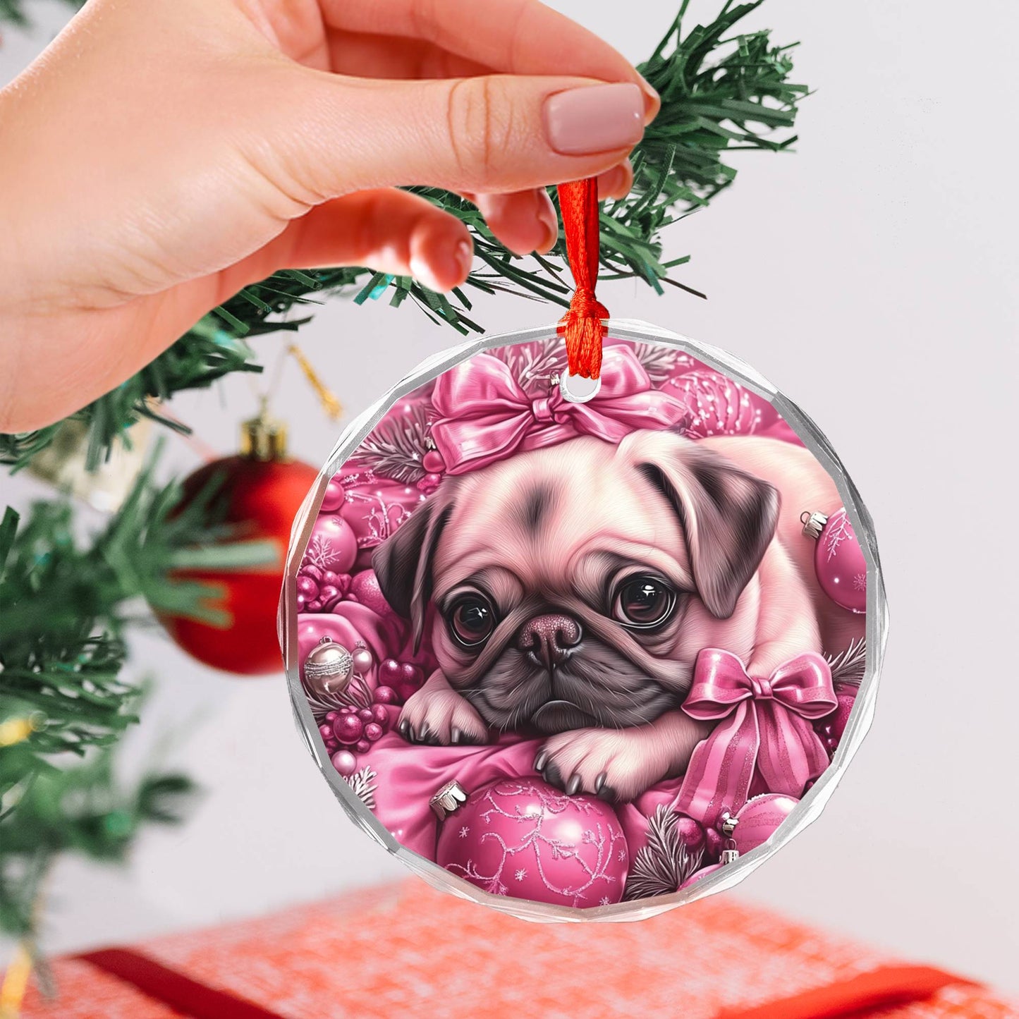 Pug Dog Pink Christmas Design 2 Glass Ornament
