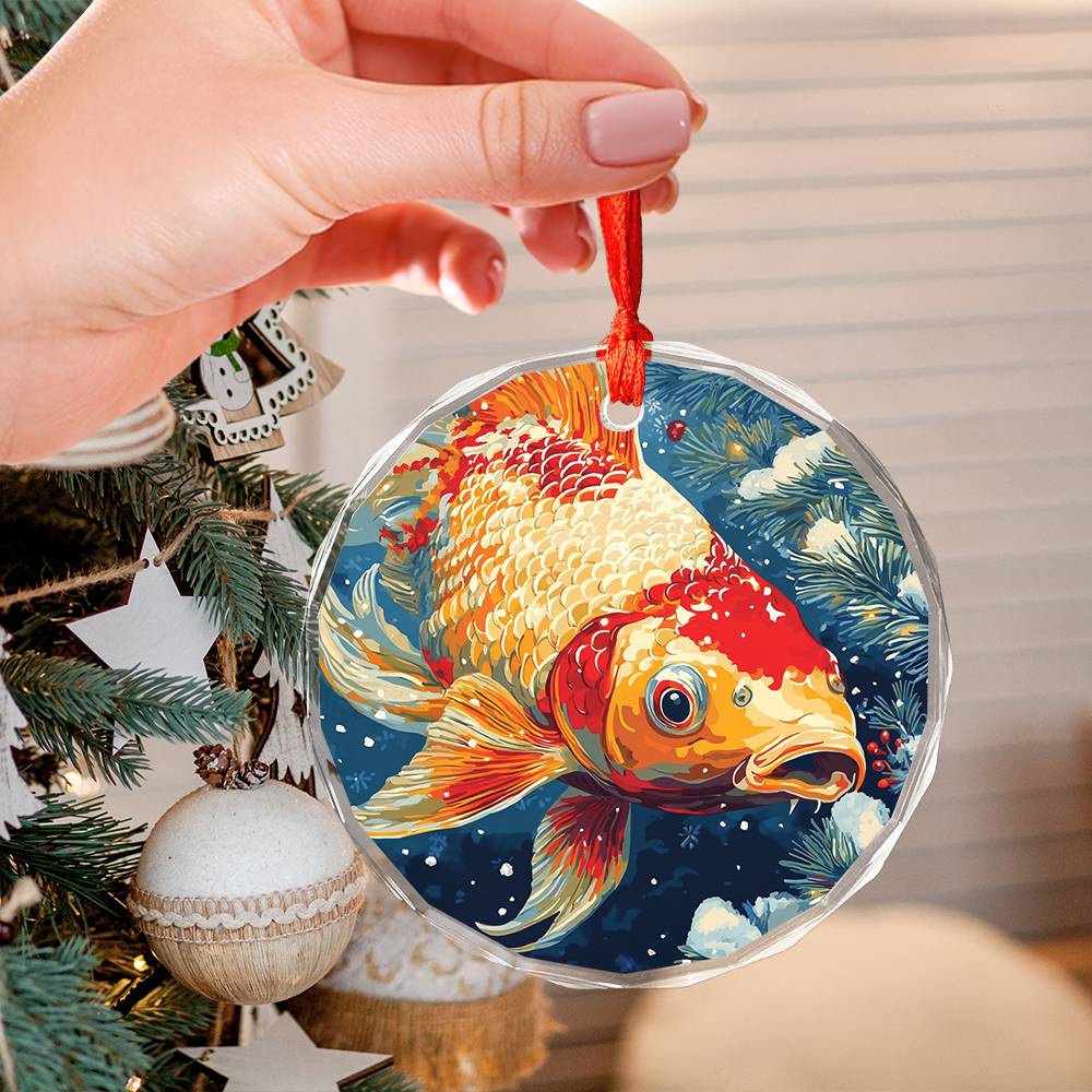 Beautiful Angus Koi Fish Christmas Night Design 1 Glass Ornament