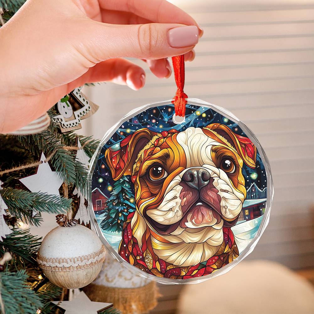 Beautiful Angus Bulldog Dog Christmas Night Design 2 Glass Ornament