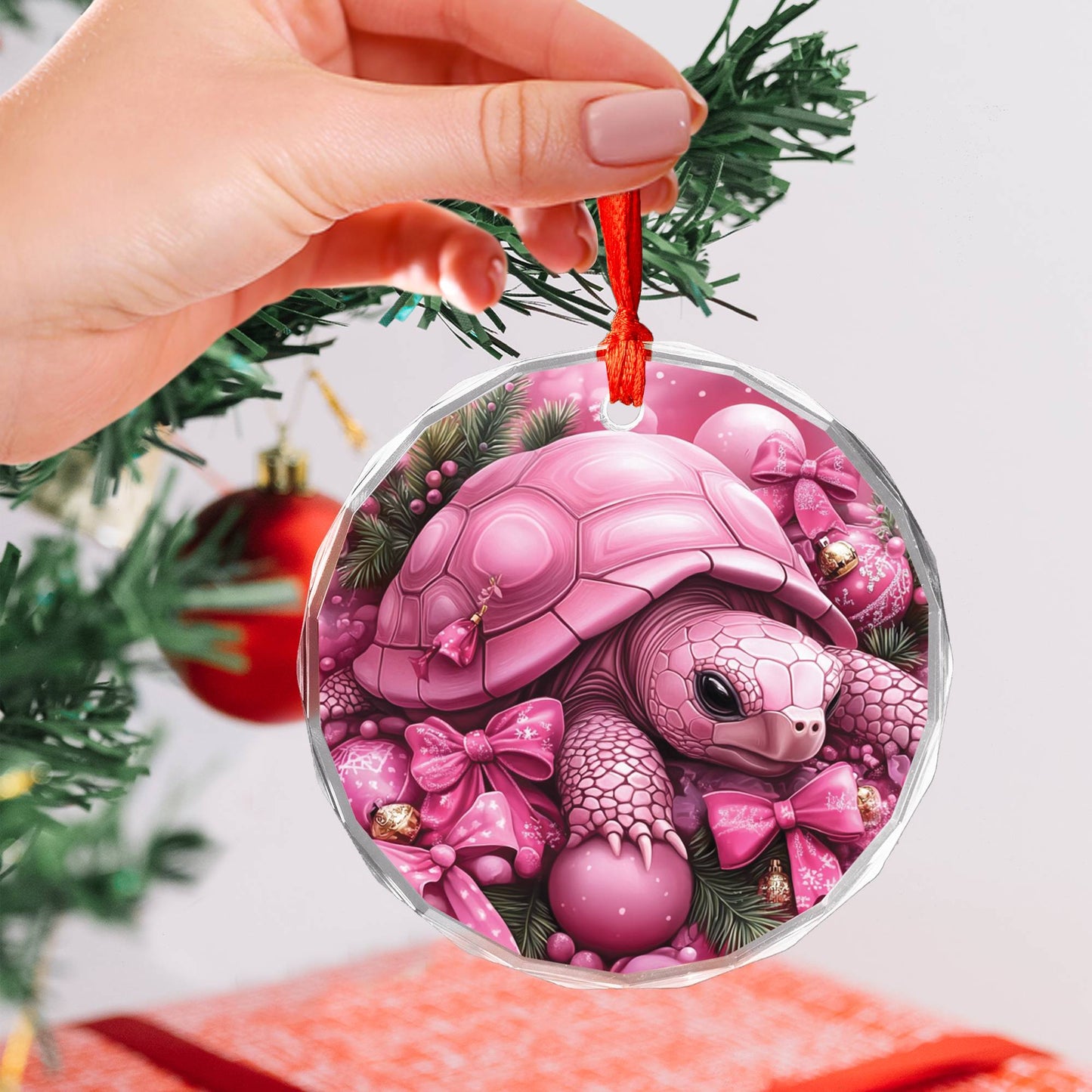 Tortoise Pink Christmas Design 4 Glass Ornament