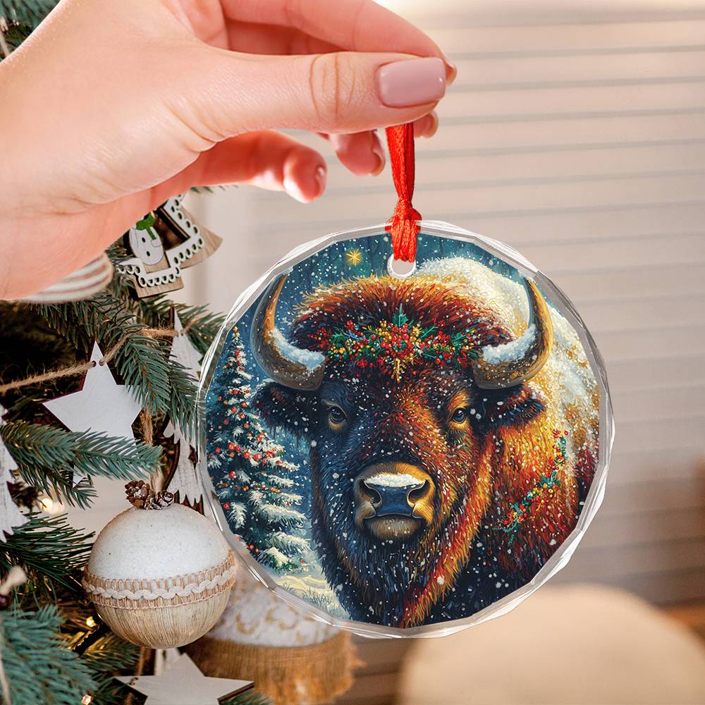 Beautiful Bison Christmas Night Design 3 Glass Ornament