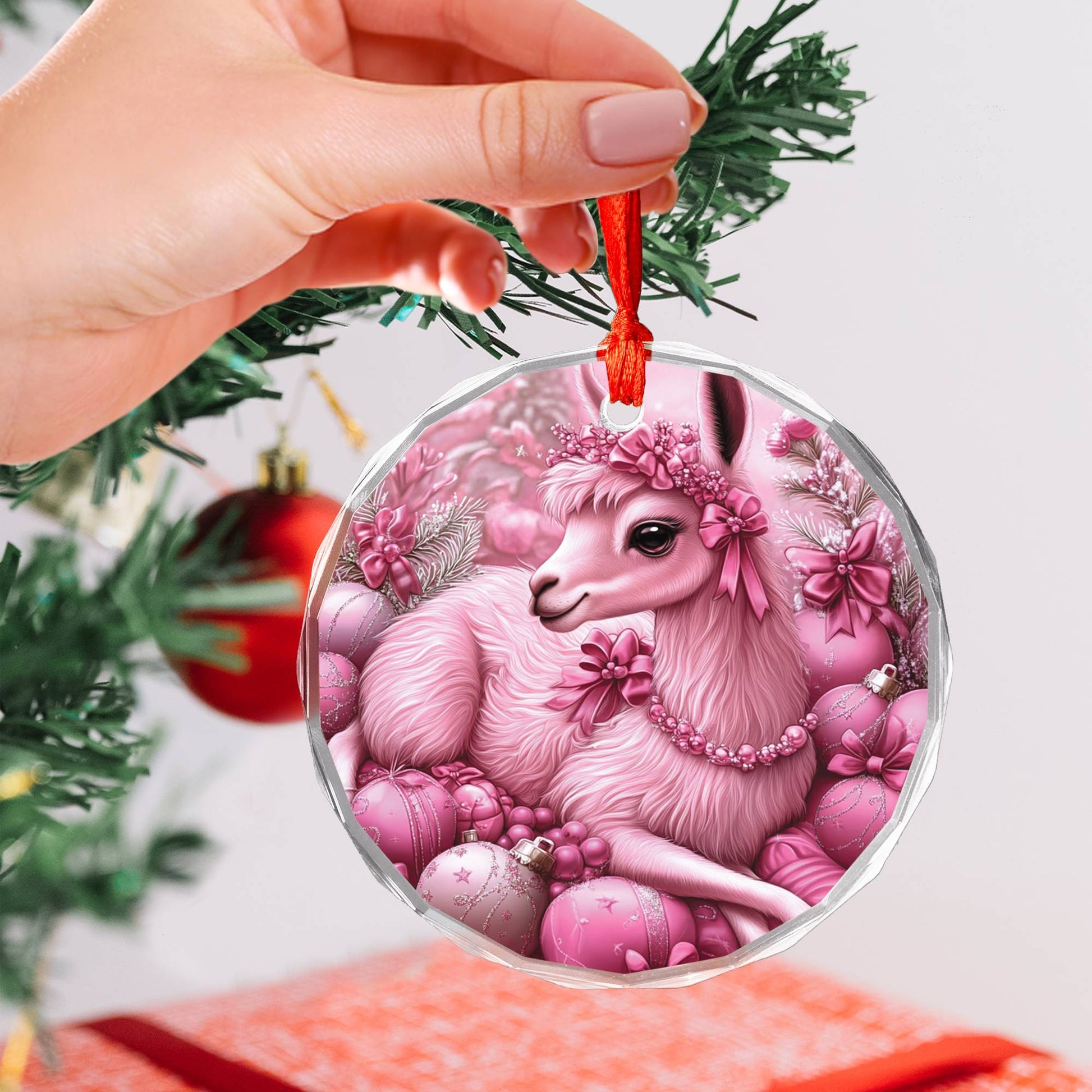 Llama Pink Christmas Design 4 Glass Ornament