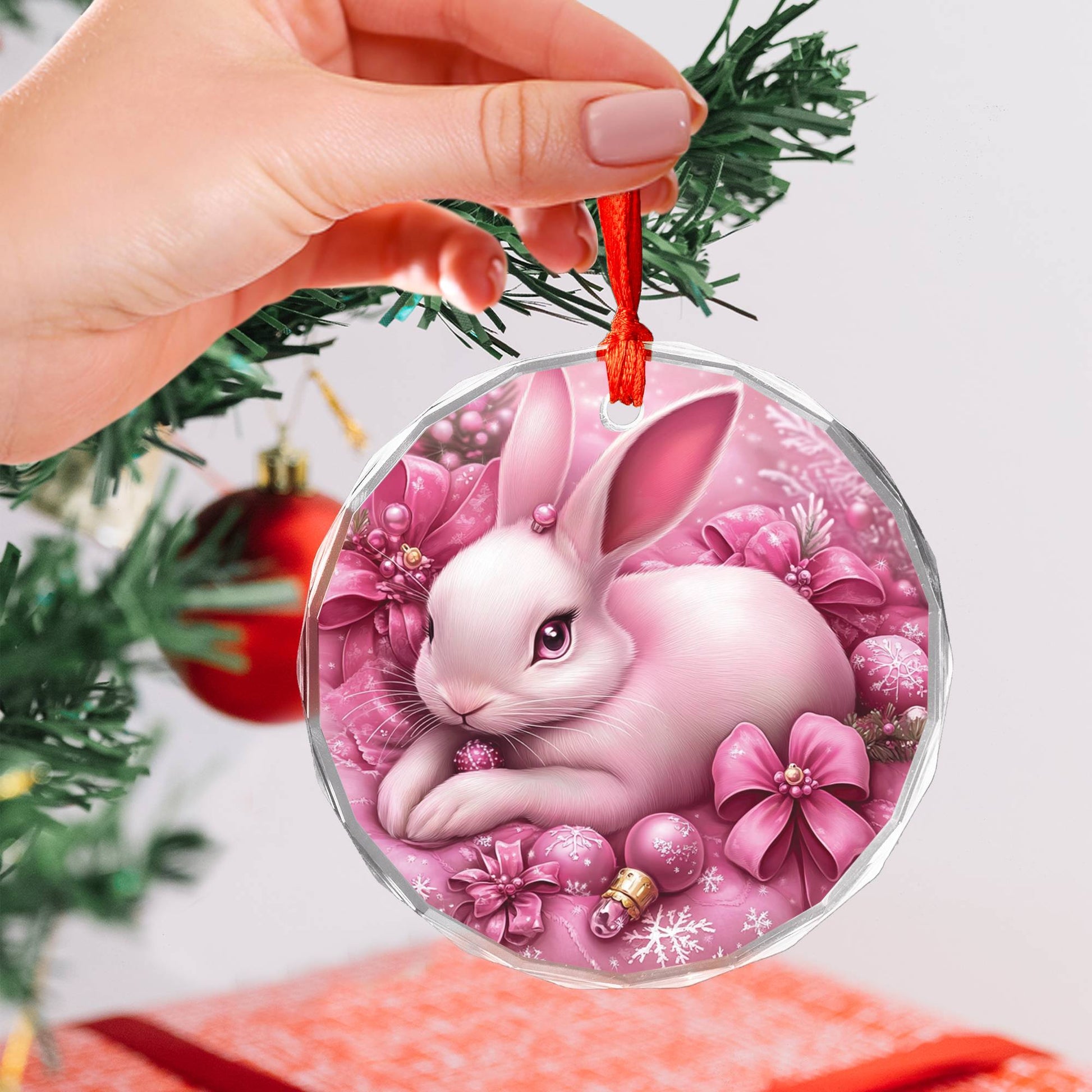 Rabbit Pink Christmas Design 3 Glass Ornament