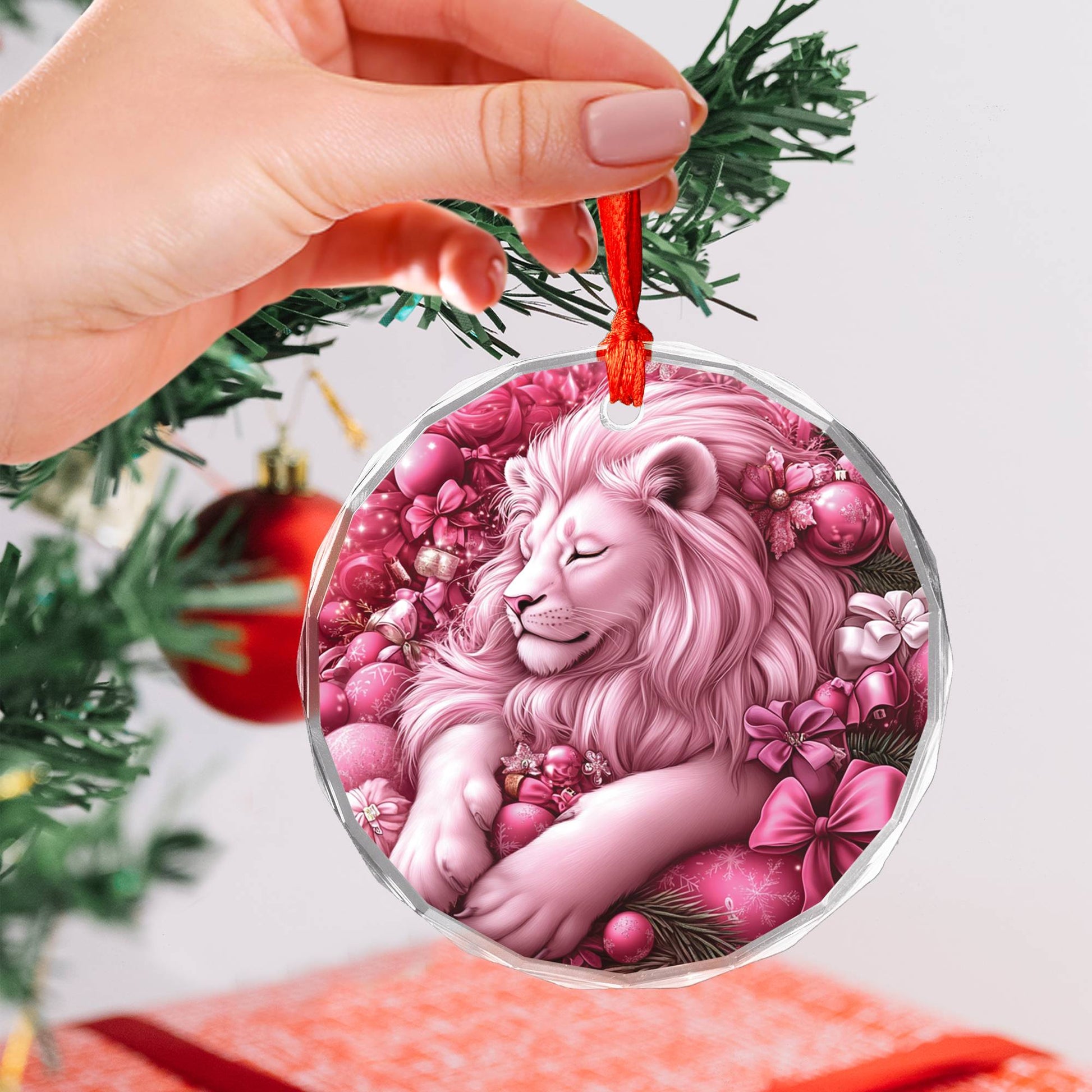 Lion Pink Christmas Design 2 Glass Ornament