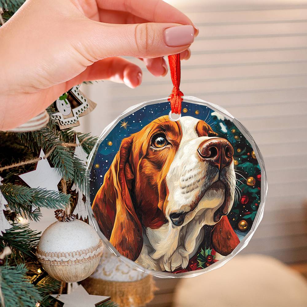 Beautiful Bassett Hound Dog Christmas Night Design 1 Glass Ornament