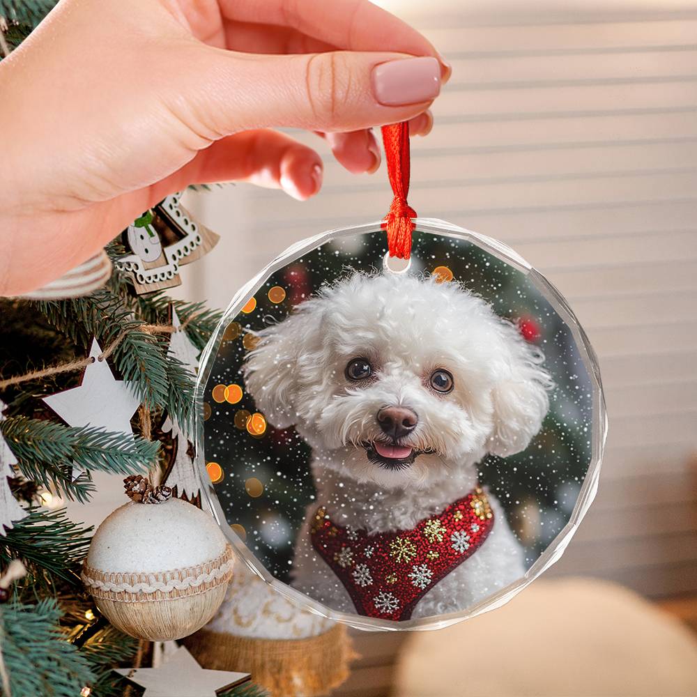 Beautiful Bichon Frise Dog Christmas Night Design 3 Glass Ornament