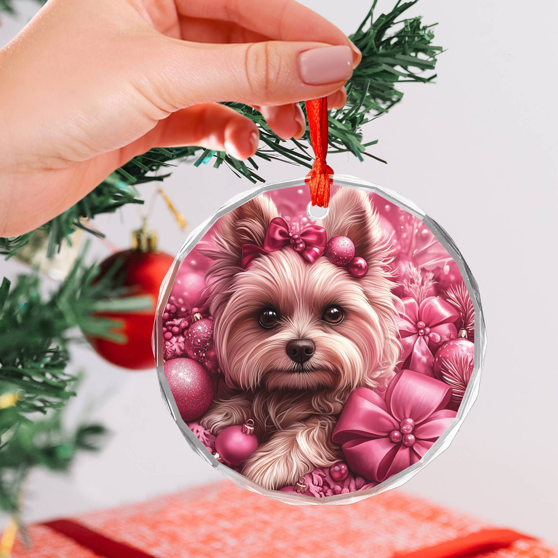Yorkshire Terrier Dog Pink Christmas Design 4 Glass Ornament