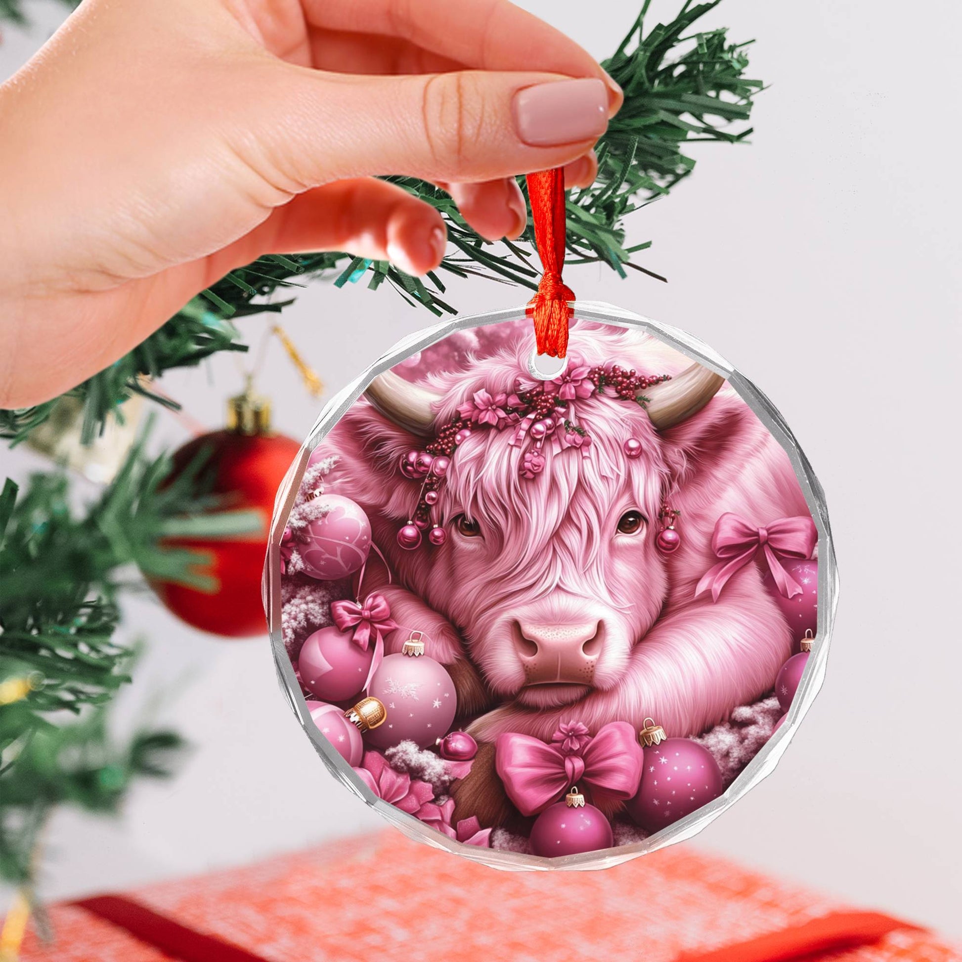 Highland Cow Pink Christmas Design 3 Glass Ornament