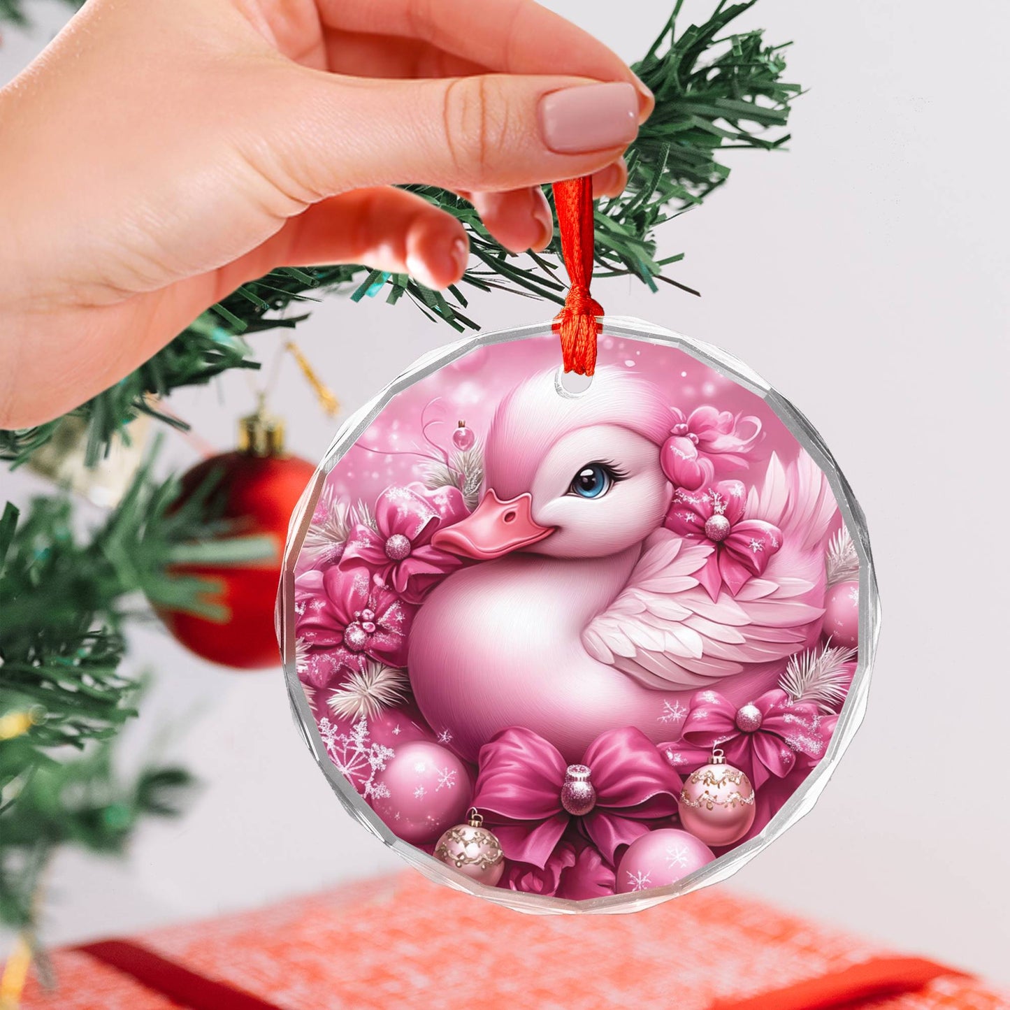 Duck Pink Christmas Design 3 Glass Ornament