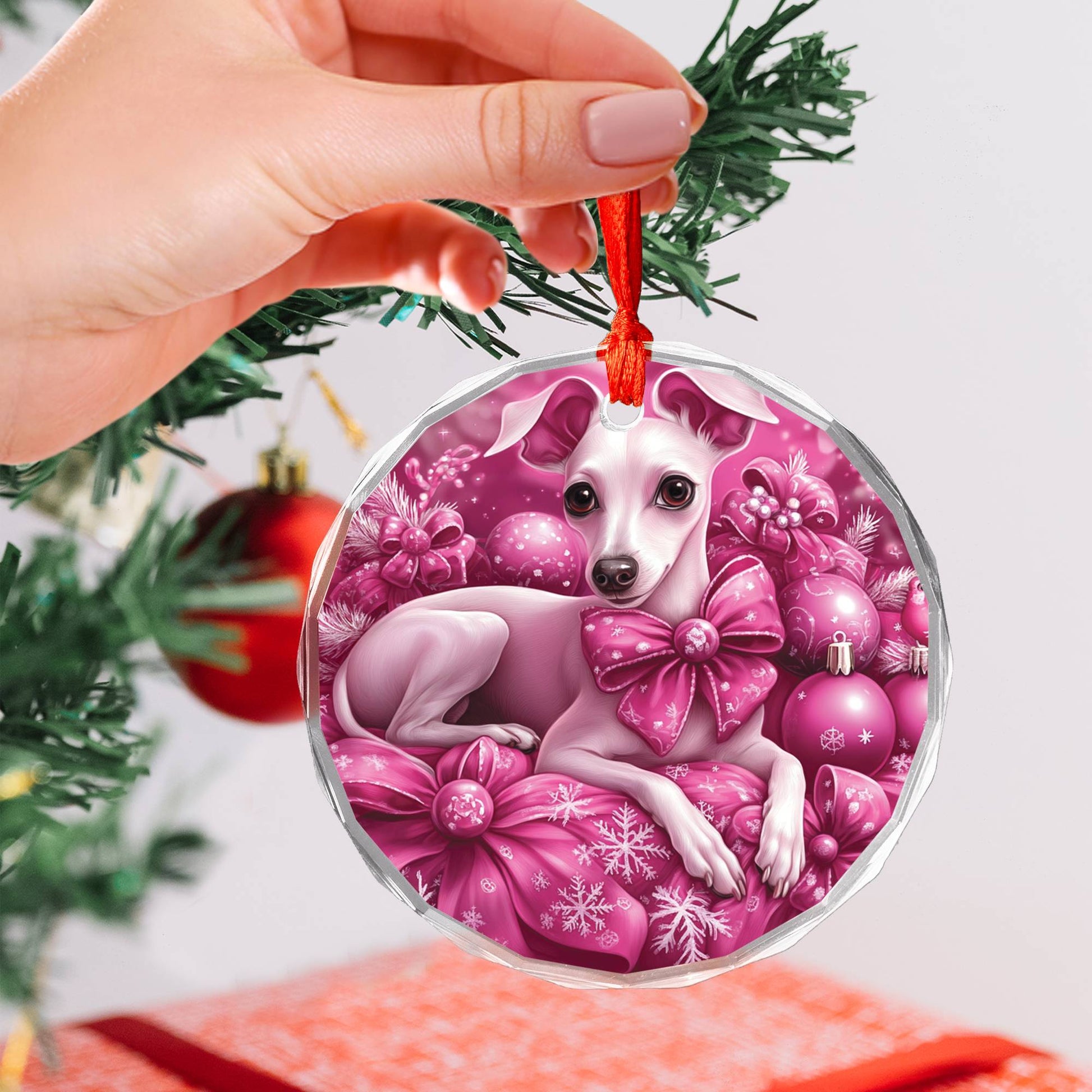 Whippet Dog Pink Christmas Design 3 Glass Ornament