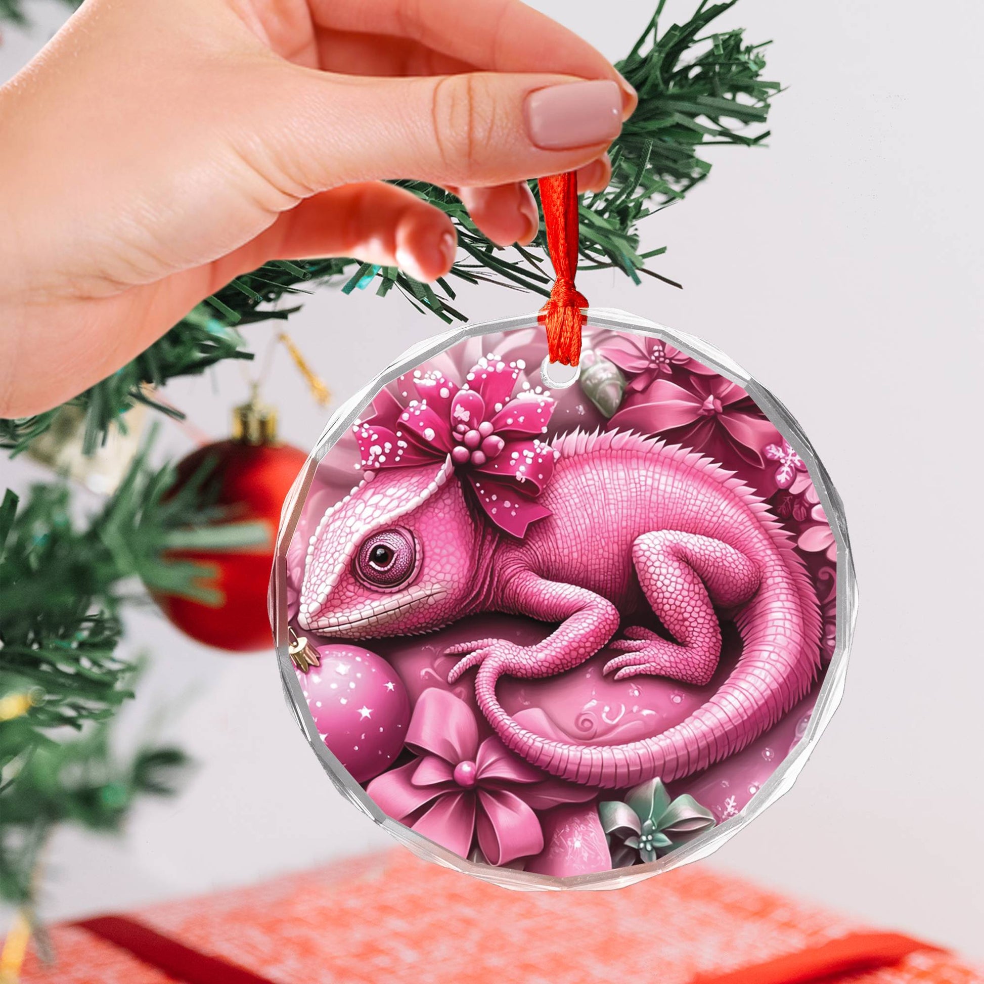 Chameleon Pink Christmas Design 1 Glass Ornament