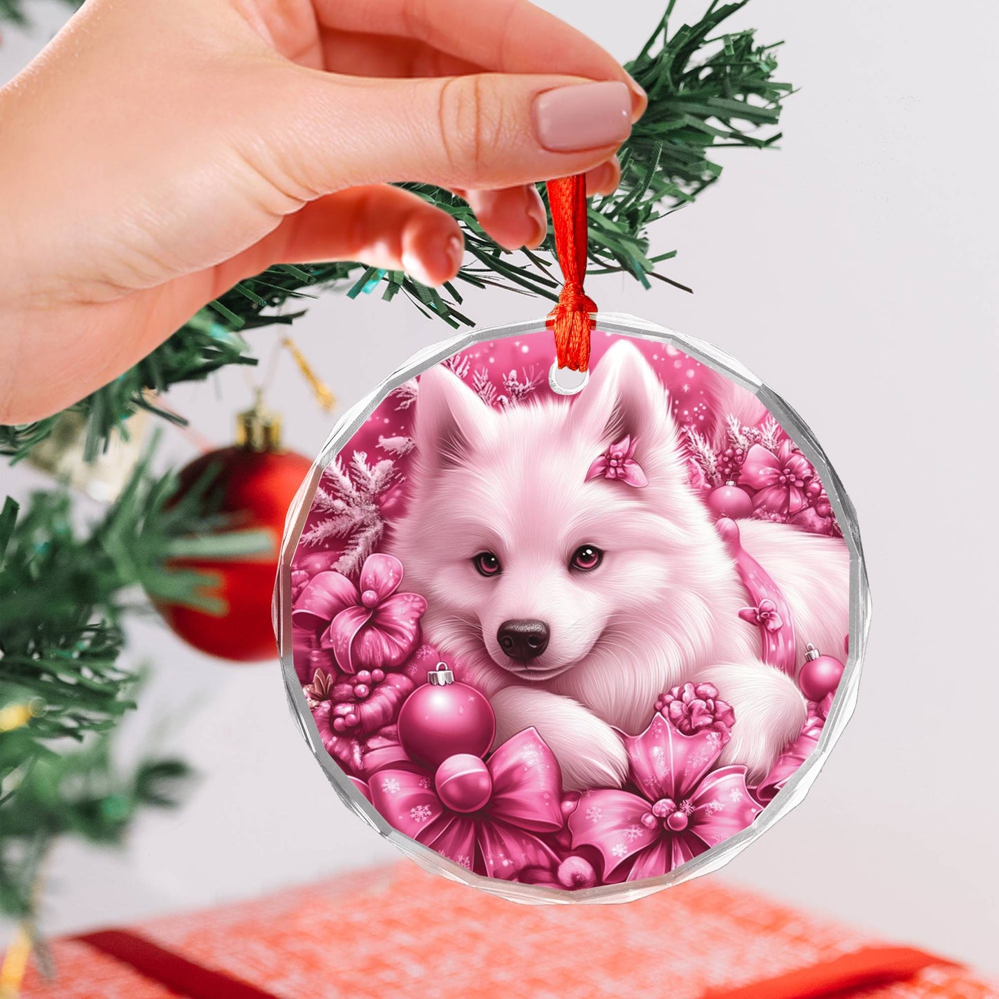 Samoyed Dog Pink Christmas Design 3 Glass Ornament