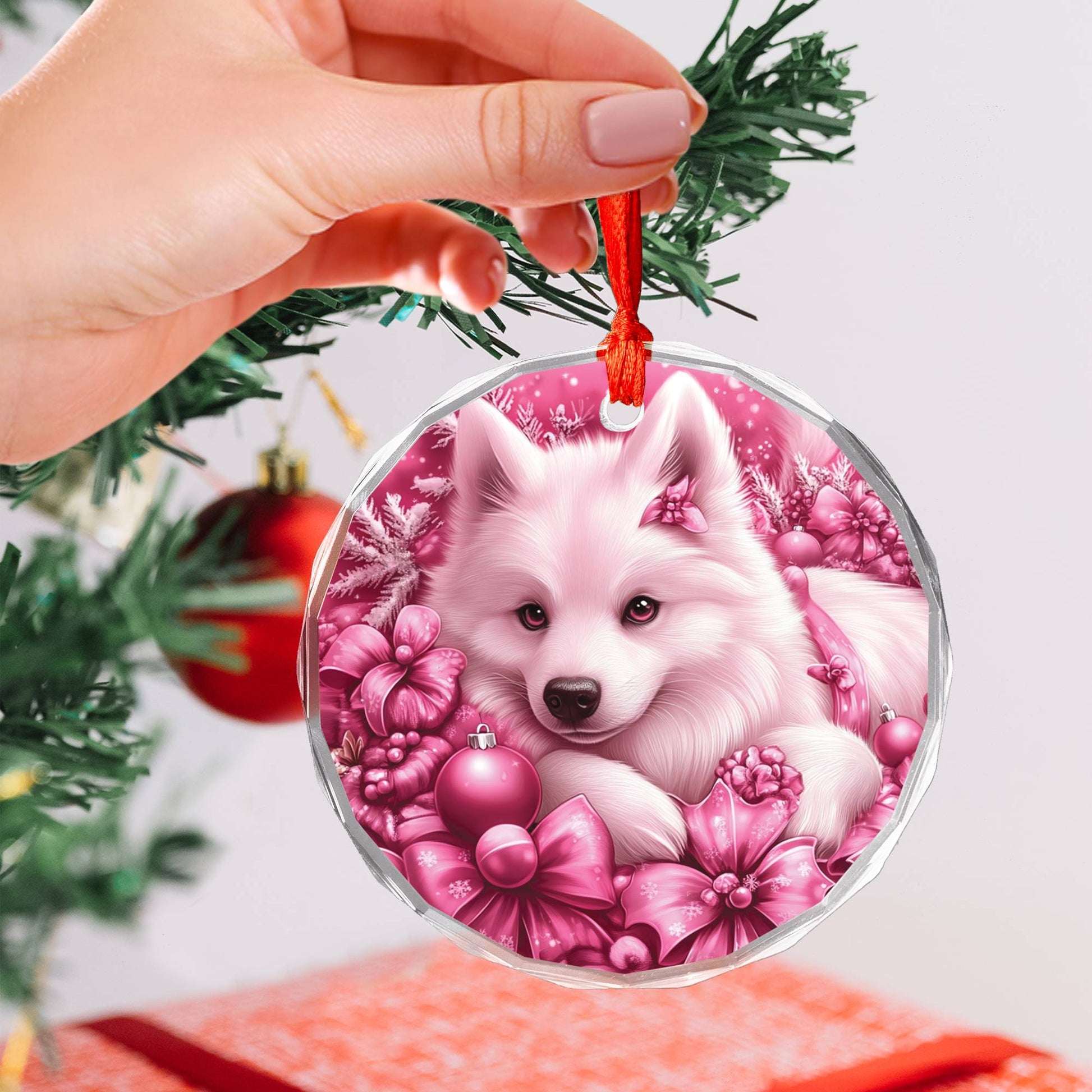 Samoyed Dog Pink Christmas Design 3 Glass Ornament