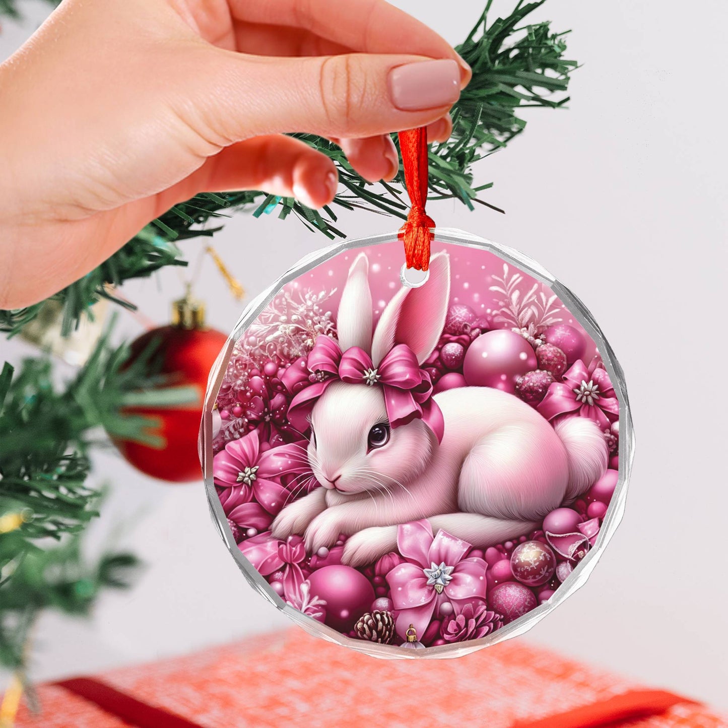 Rabbit Pink Christmas Design 2 Glass Ornament