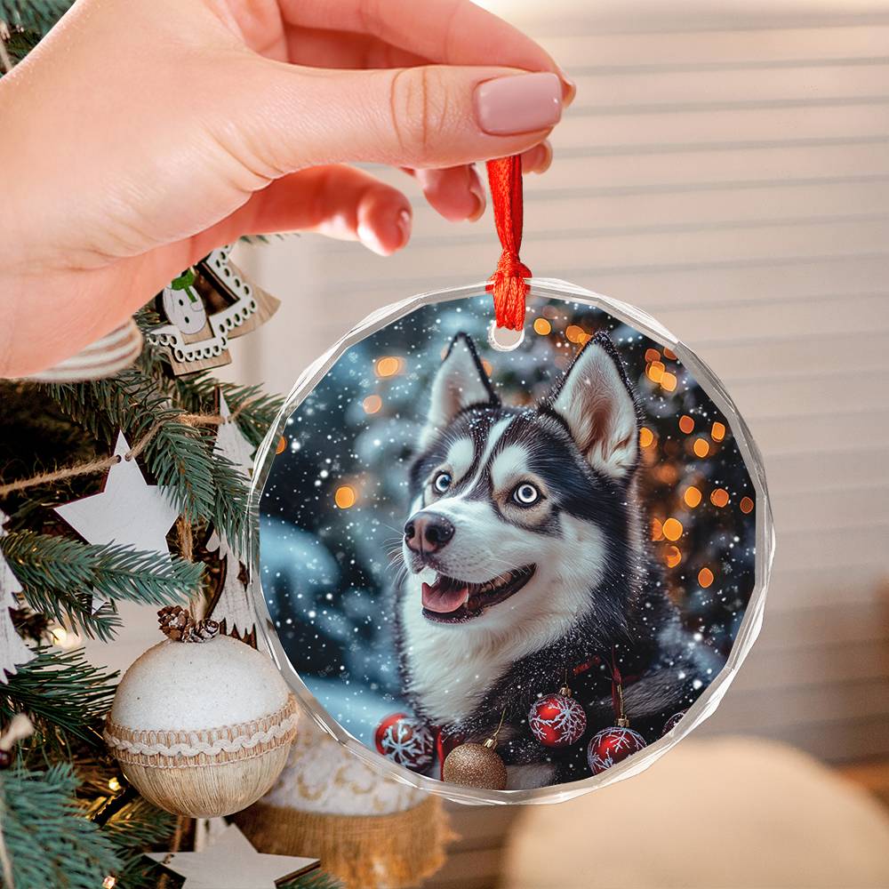 Beautiful Angus Huskie Dog Christmas Night Design 2 Glass Ornament