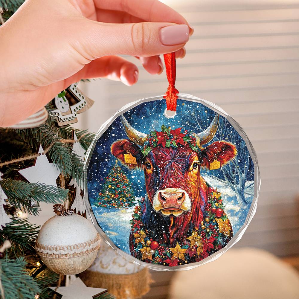 Beautiful Angus Cow Christmas Night Design 1 Glass Ornament