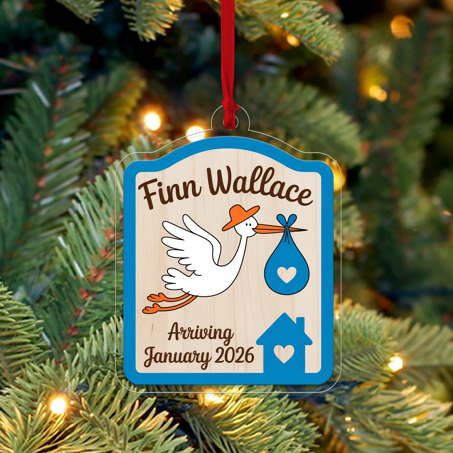 Personalized Stork Baby Announcement Ornament, Christmas Decor, Baby Coming Next Year Ornament, New Baby Ornament