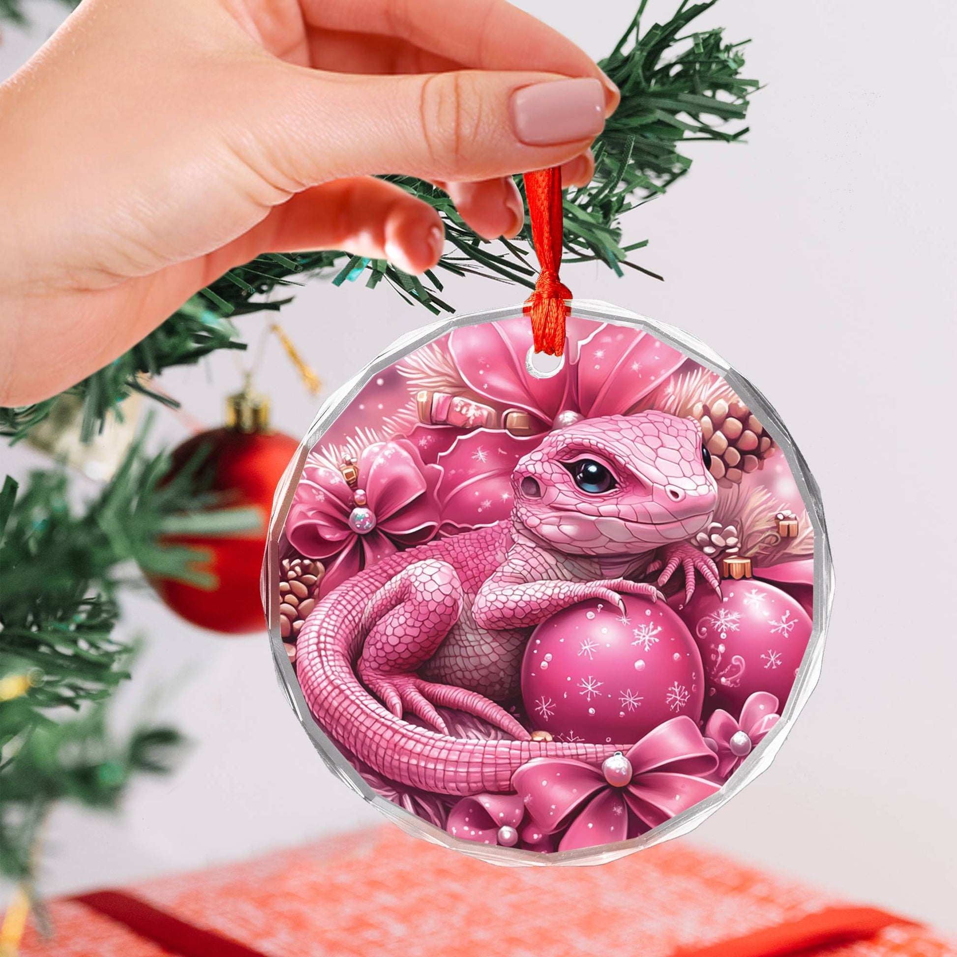 Lizard Pink Christmas Design 2 Glass Ornament