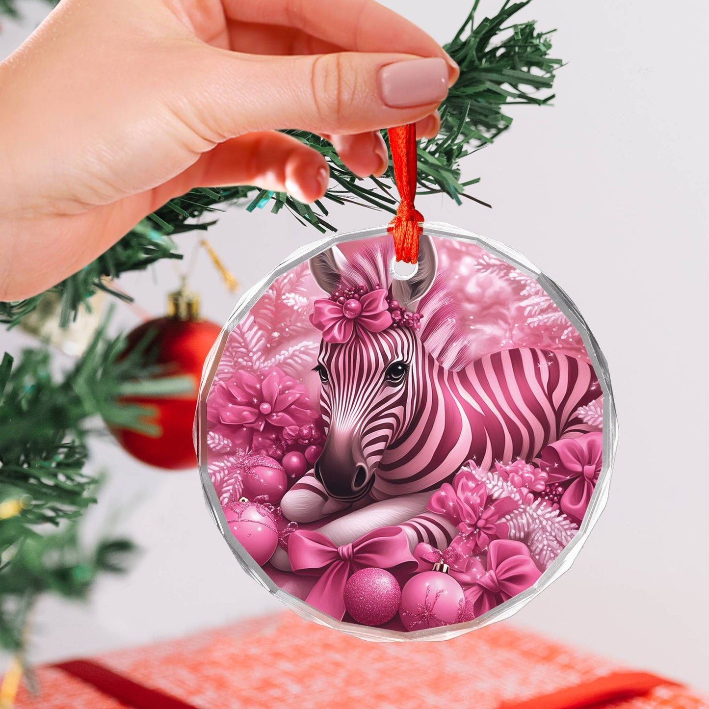Zebra Pink Christmas Design 1 Glass Ornament