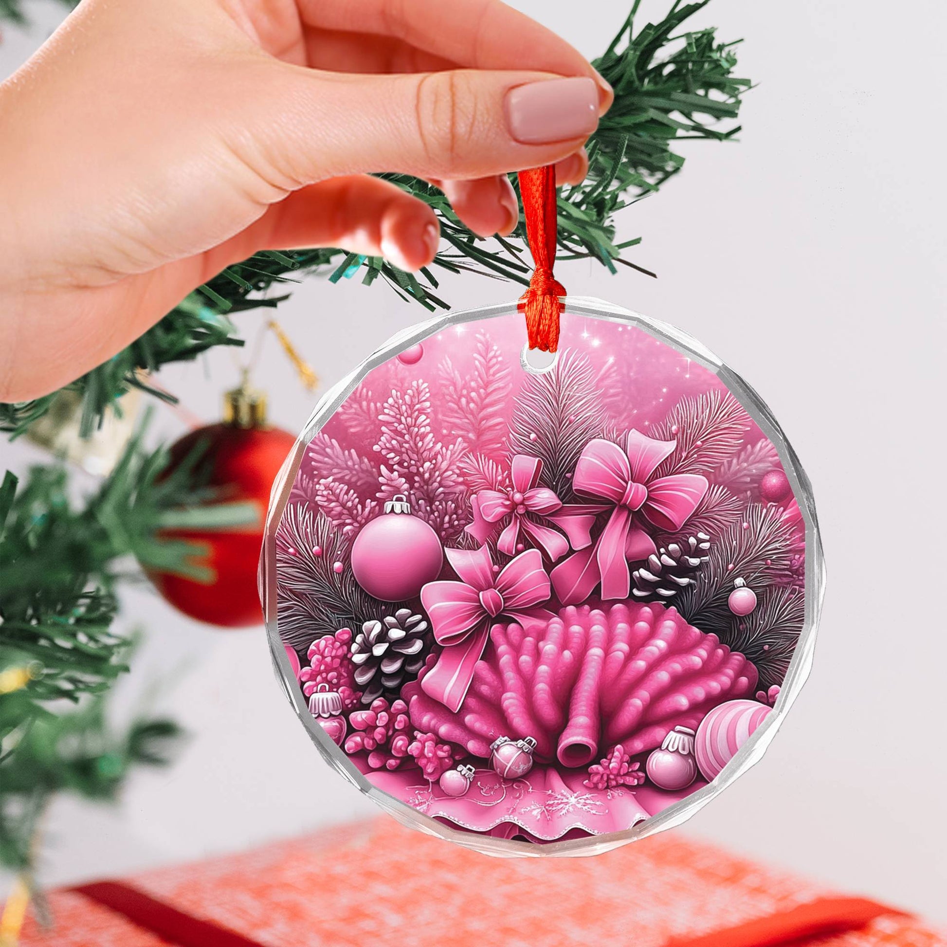 Coral Pink Christmas Design 1 Glass Ornament