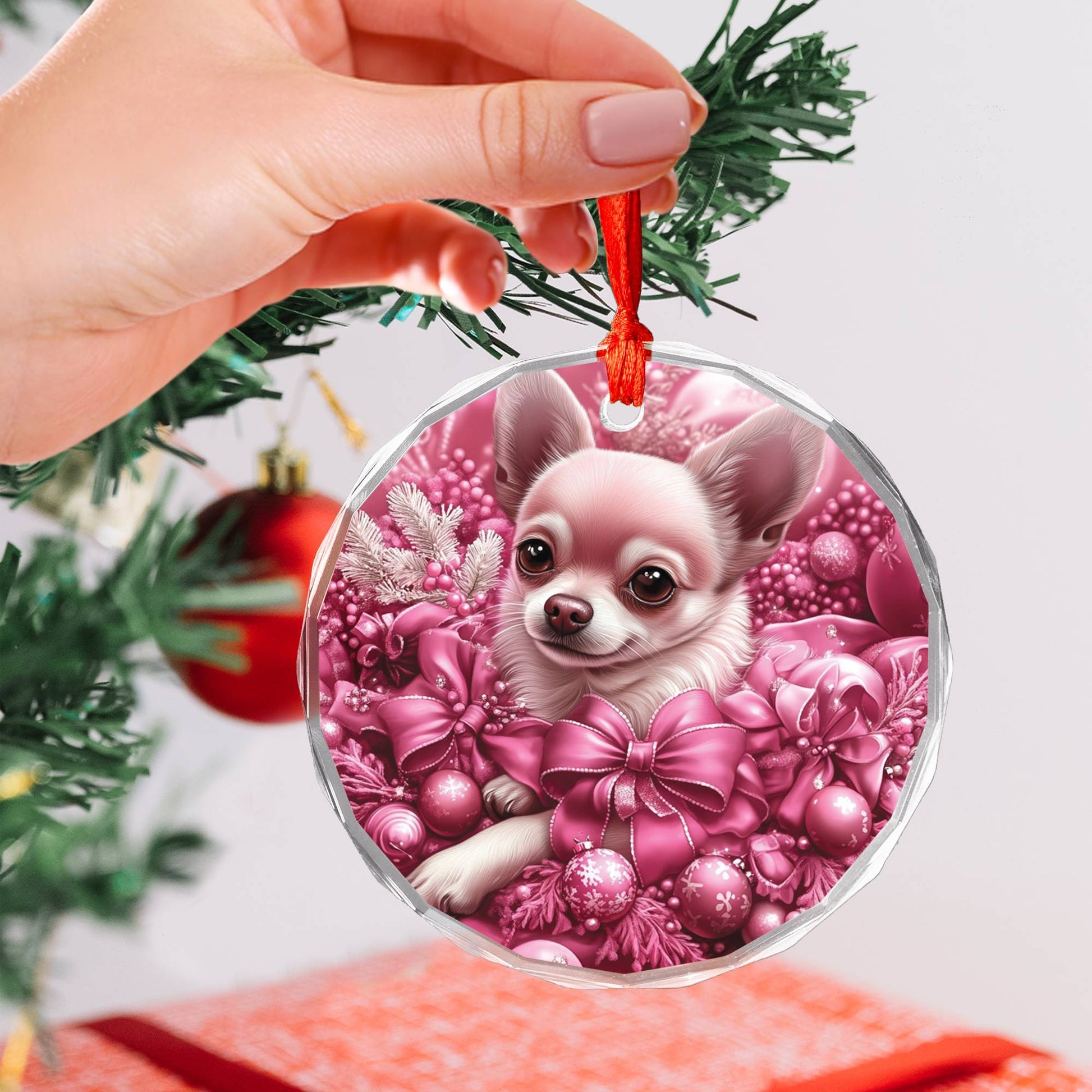 Chihuahua Dog Pink Christmas Design 2 Glass Ornament