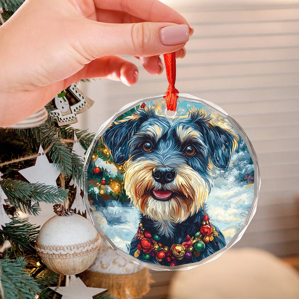 Beautiful Angus Miniature Schnauzer Dog Christmas Night Design 1 Glass Ornament
