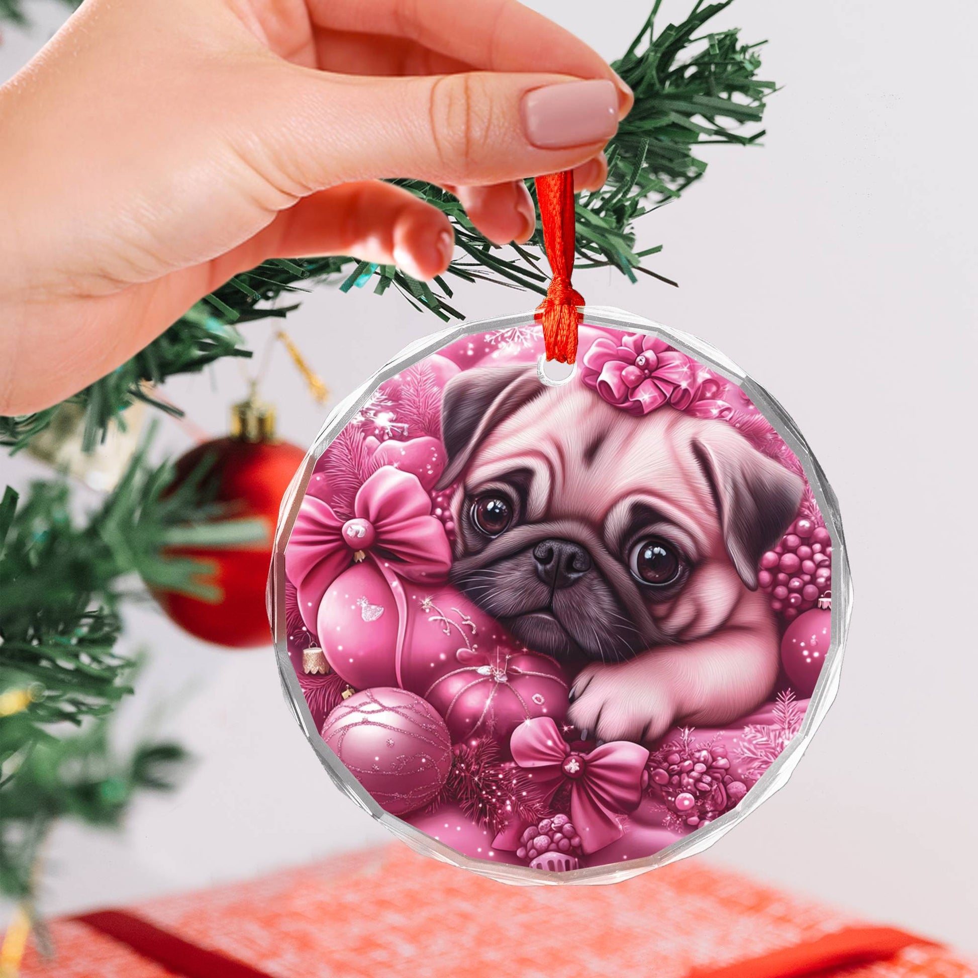 Pug Dog Pink Christmas Design 4 Glass Ornament