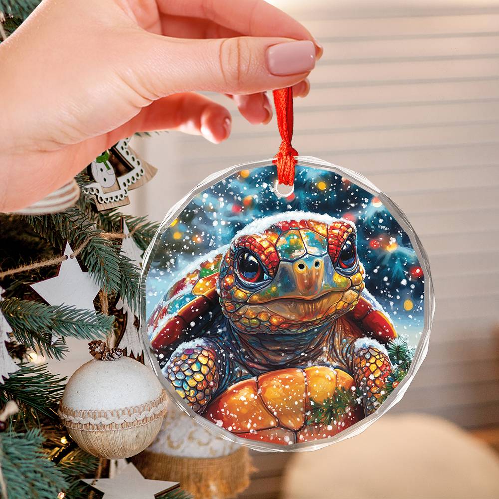 Beautiful Tortoise Christmas Night Design 2 Glass Ornament