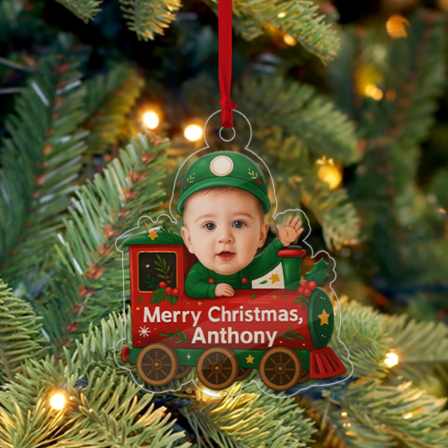 Custom Photo Baby In Train Acrylic Ornament, Funny Christmas Ornament, Custom Face Picture Ornament, Christmas Tree Decor