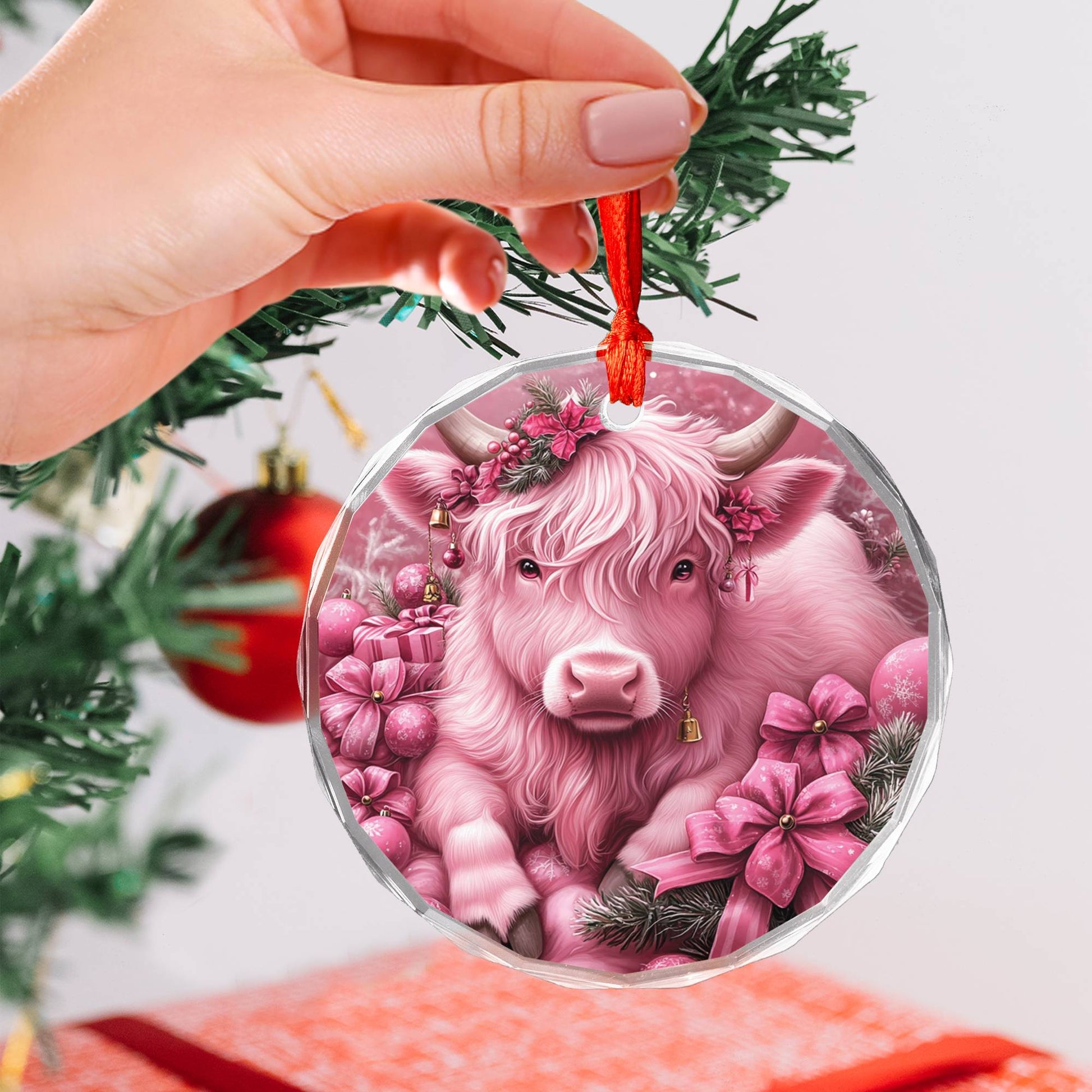 Highland Cow Pink Christmas Design 4 Glass Ornament