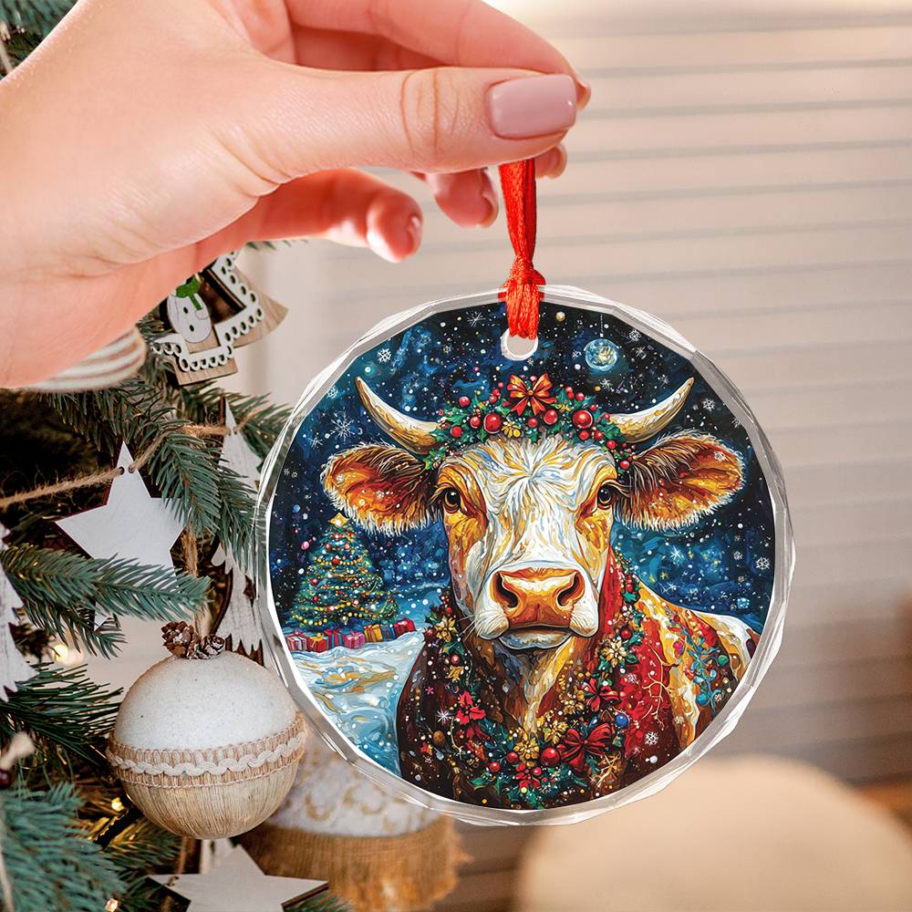 Beautiful Dairy Cow Christmas Night Design 1 Glass Ornament