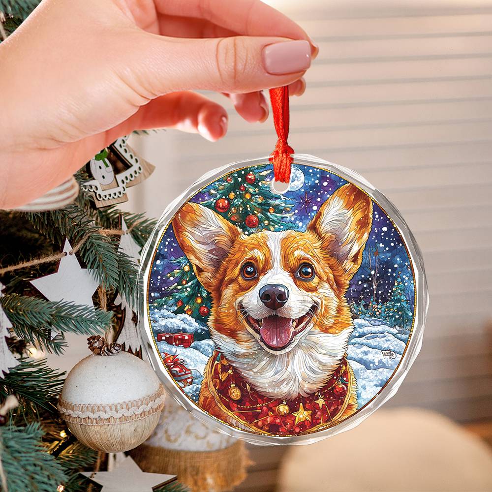 Beautiful Angus Corgi Dog Christmas Night Design 4 Glass Ornament