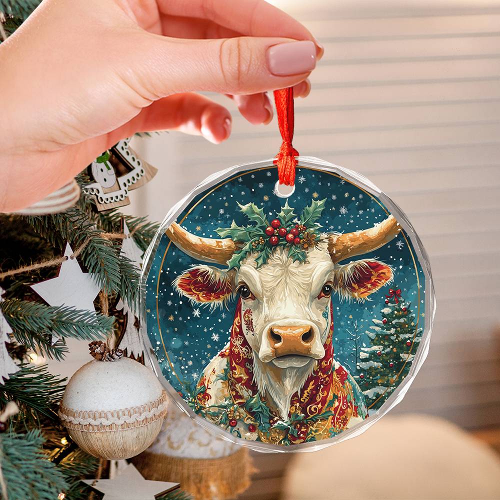 Beautiful Longhorn Cow Christmas Night Design 4 Glass Ornament