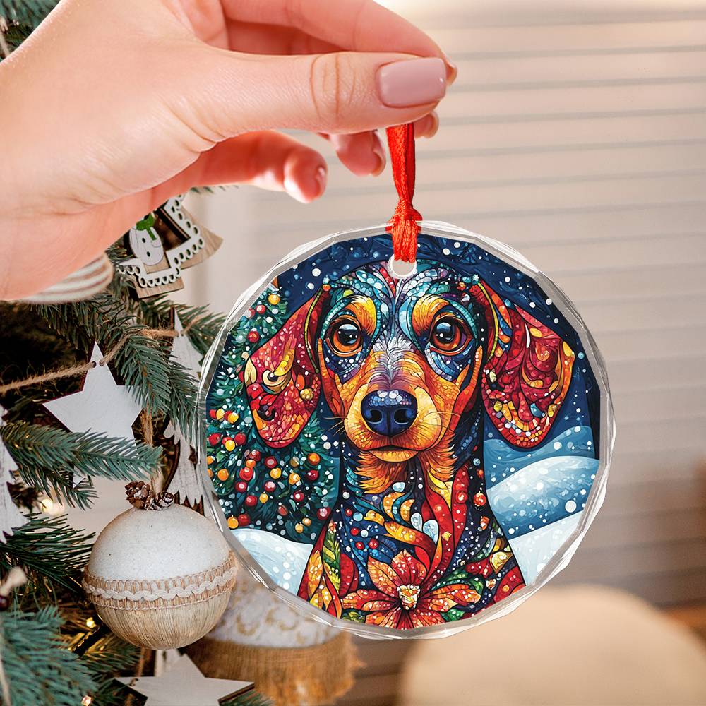 Beautiful Angus Dachshund Dog Christmas Night Design 1 Glass Ornament