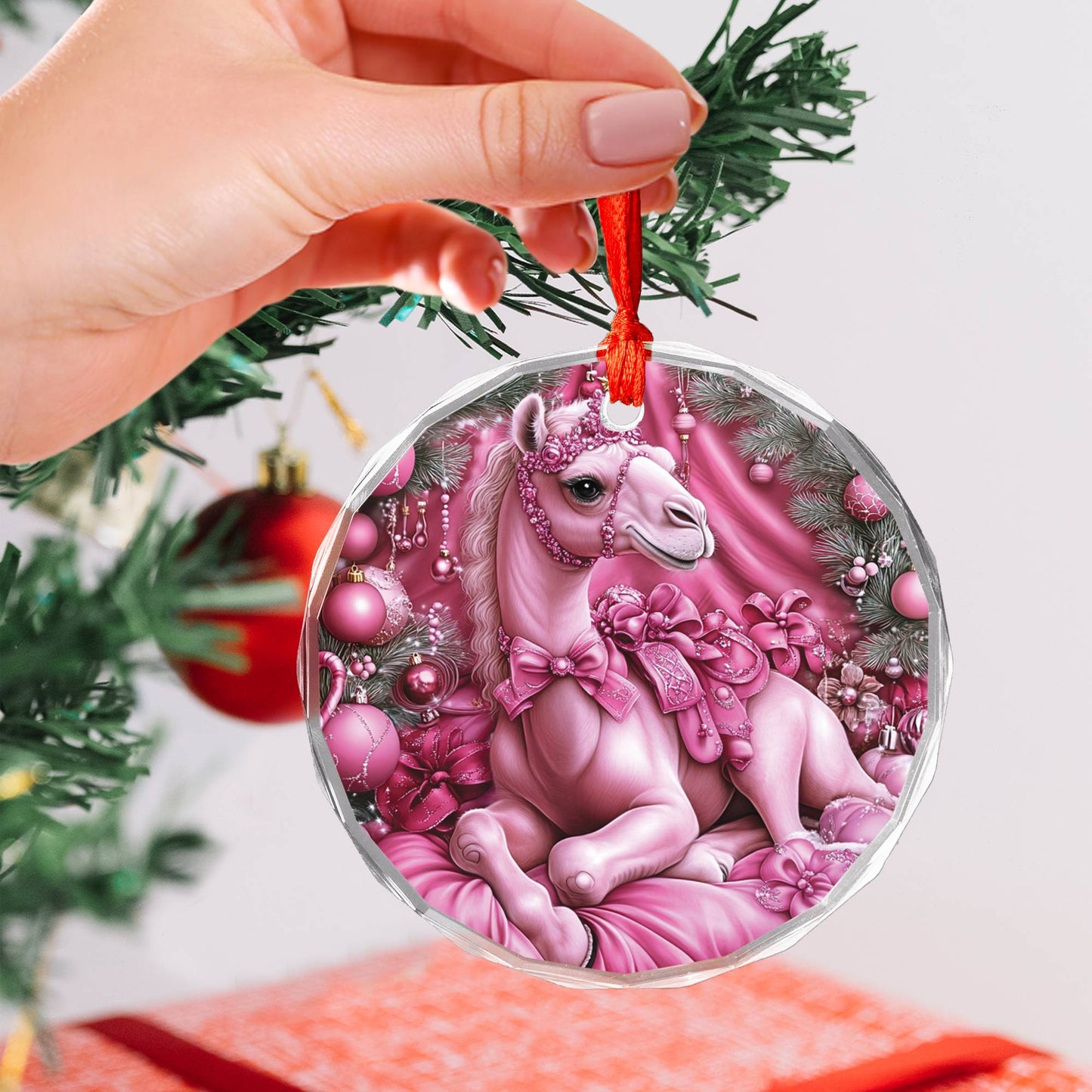 Camel Pink Christmas Design 1 Glass Ornament