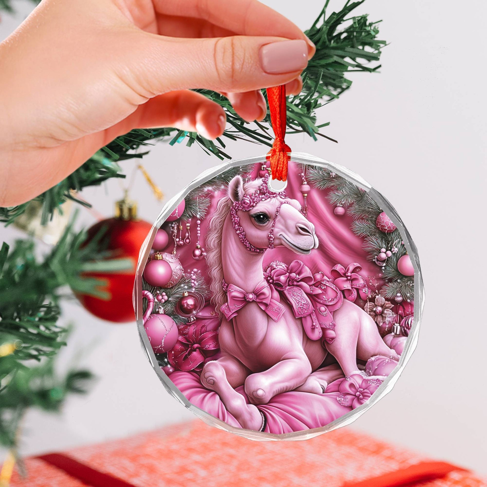 Camel Pink Christmas Design 1 Glass Ornament