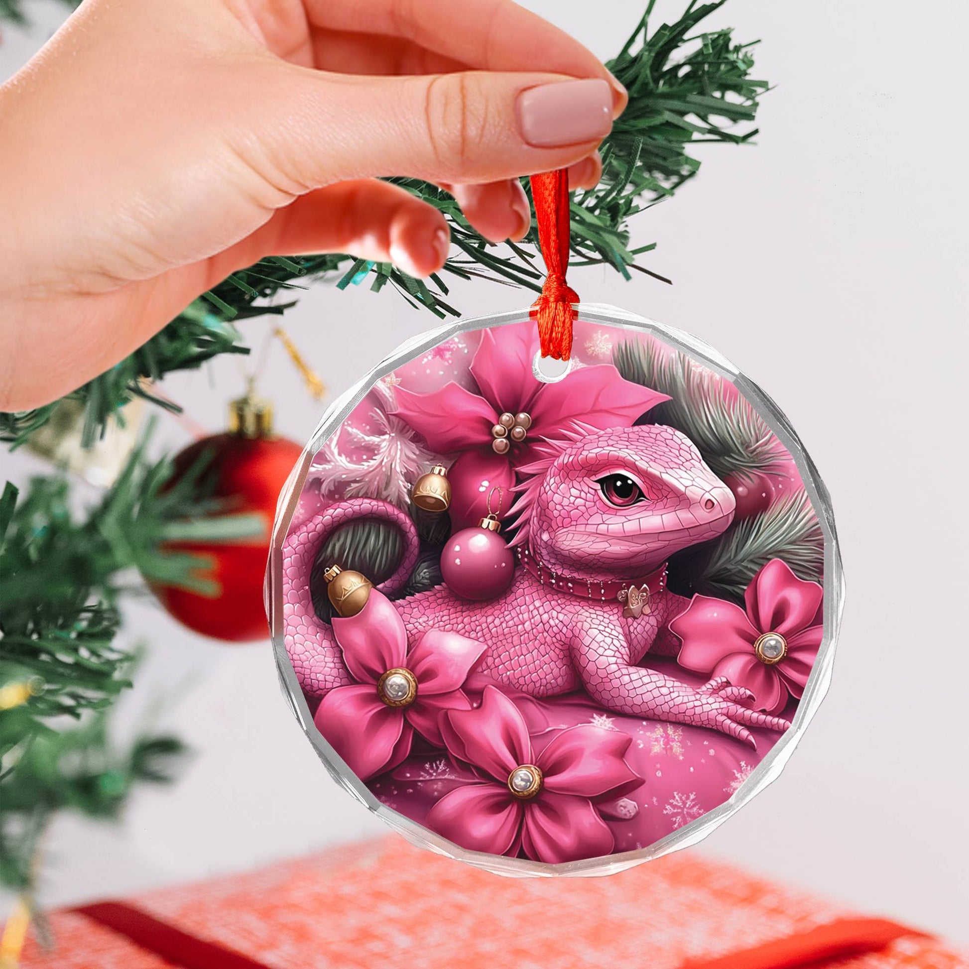Lizard Pink Christmas Design 1 Glass Ornament