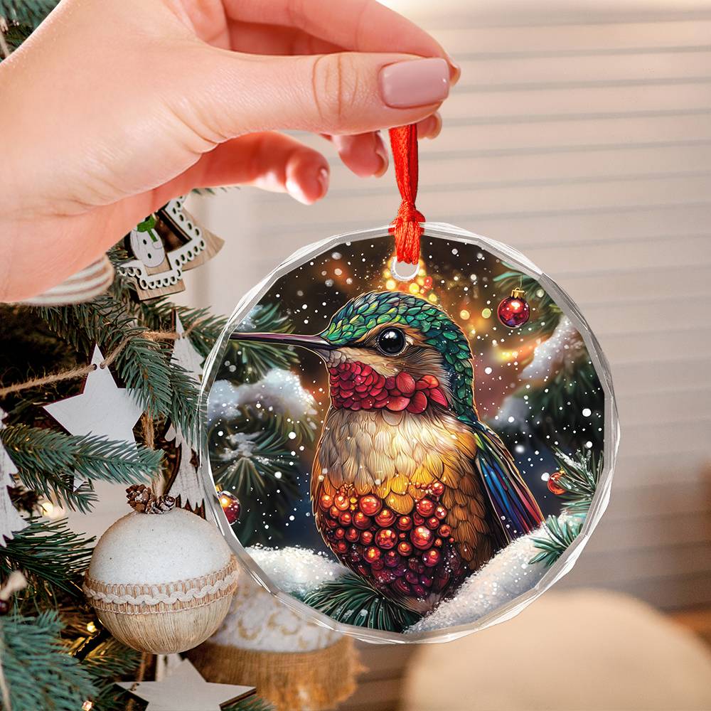 Beautiful Hummingbird Christmas Night Design 1 Glass Ornament