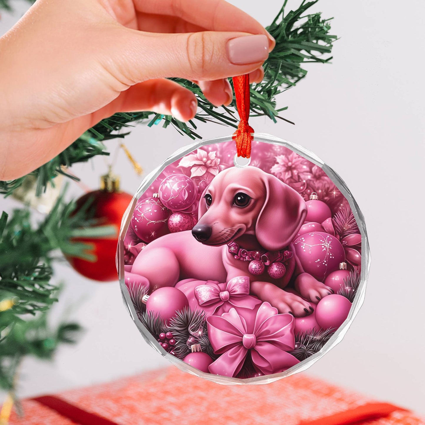 Dachshund Dog Pink Christmas Design 2 Glass Ornament