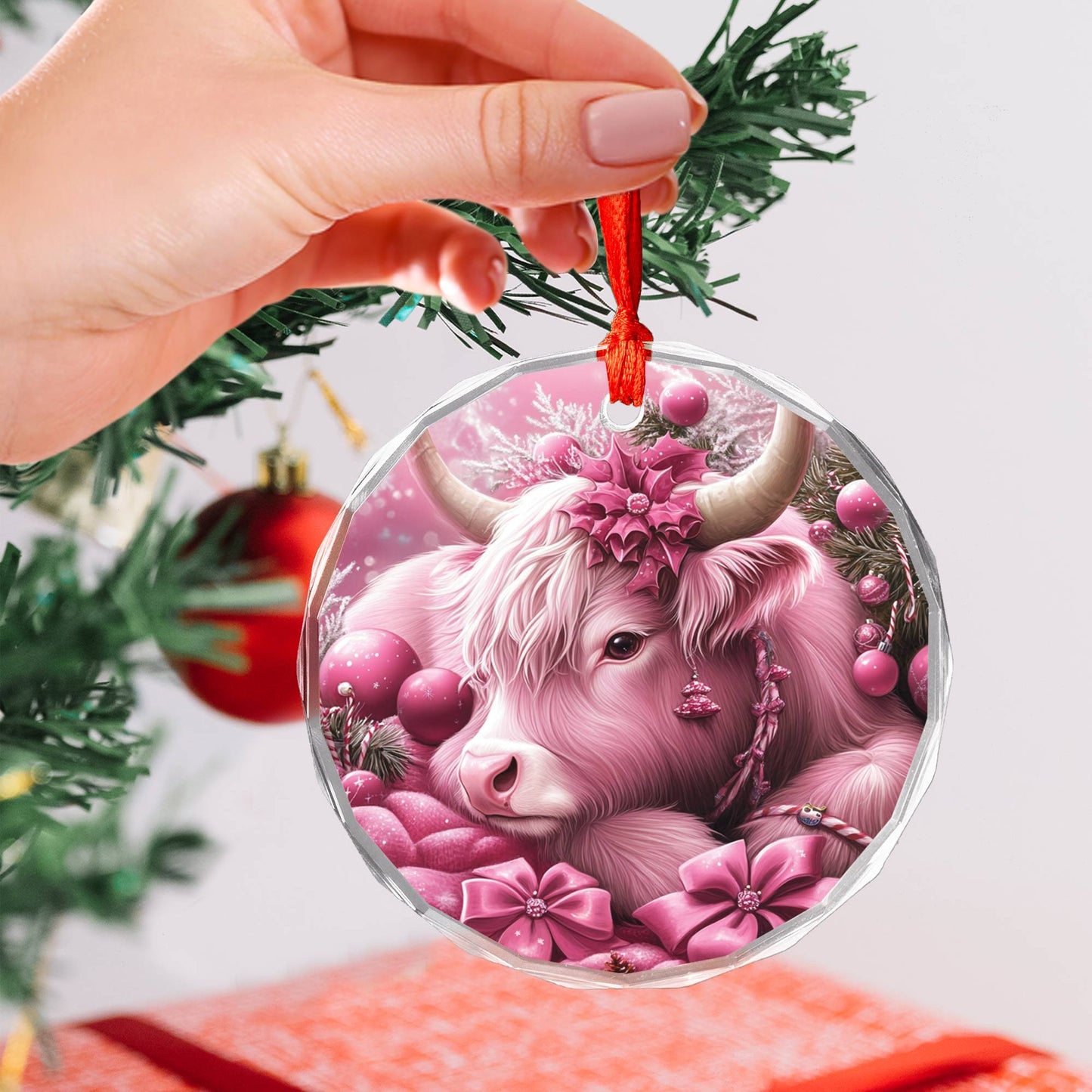 Highland Cow Pink Christmas Design 2 Glass Ornament