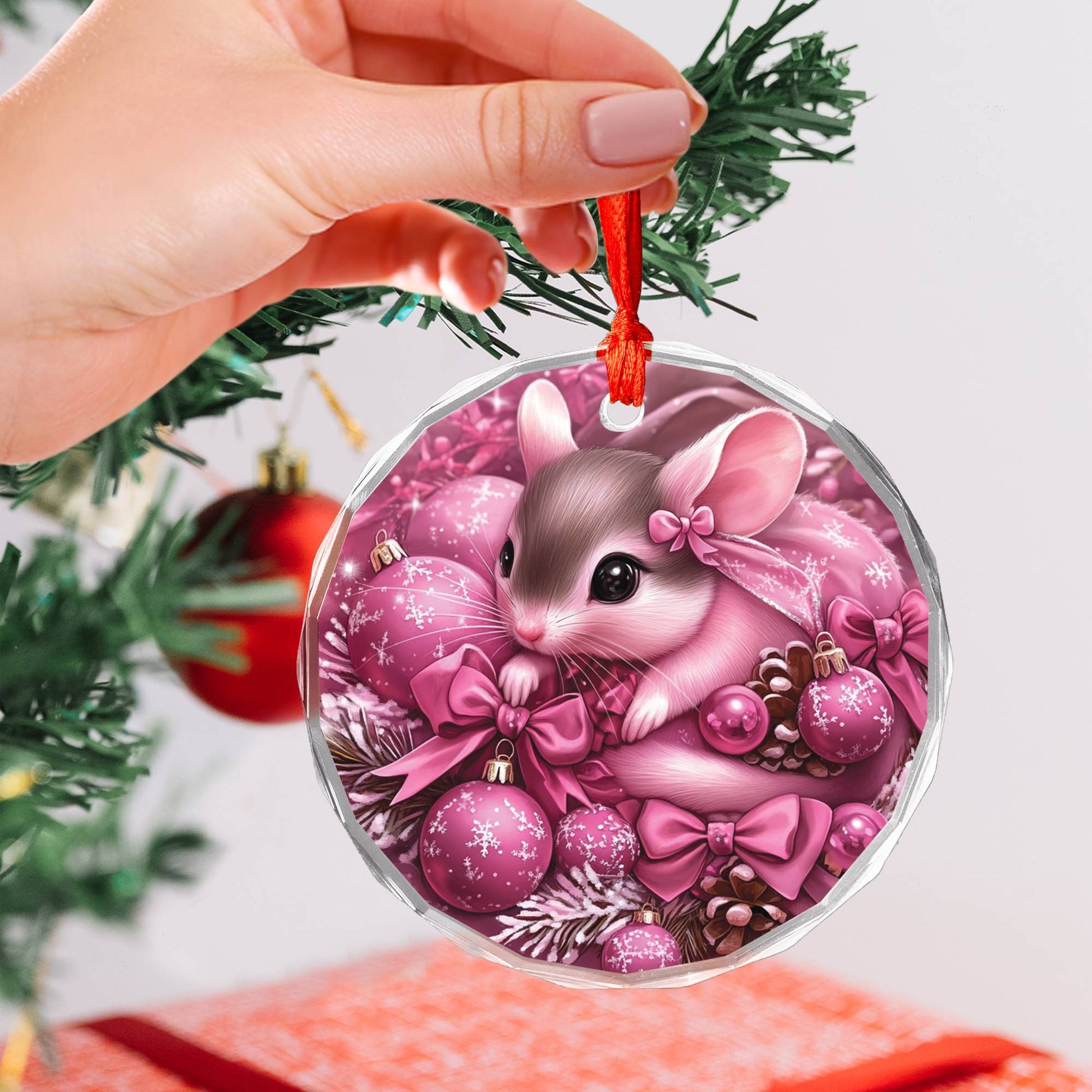 Mice Pink Christmas Design 3 Glass Ornament