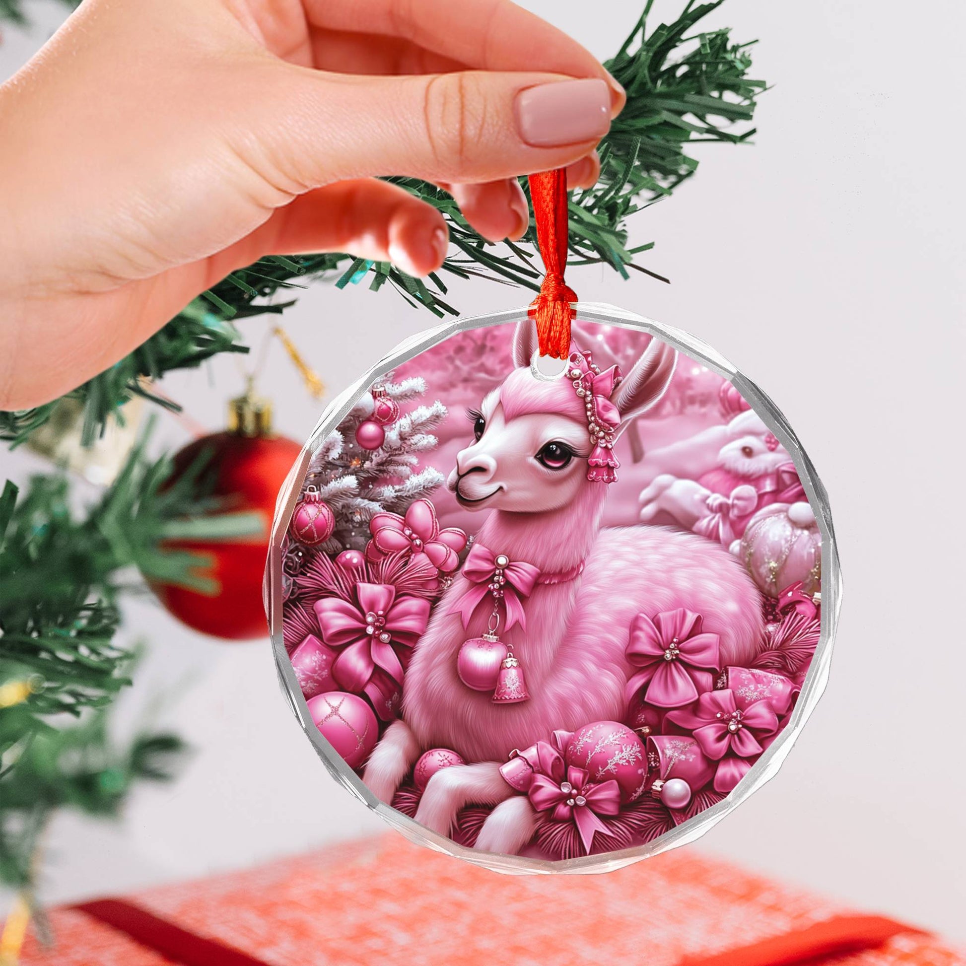 Llama Pink Christmas Design 1 Glass Ornament