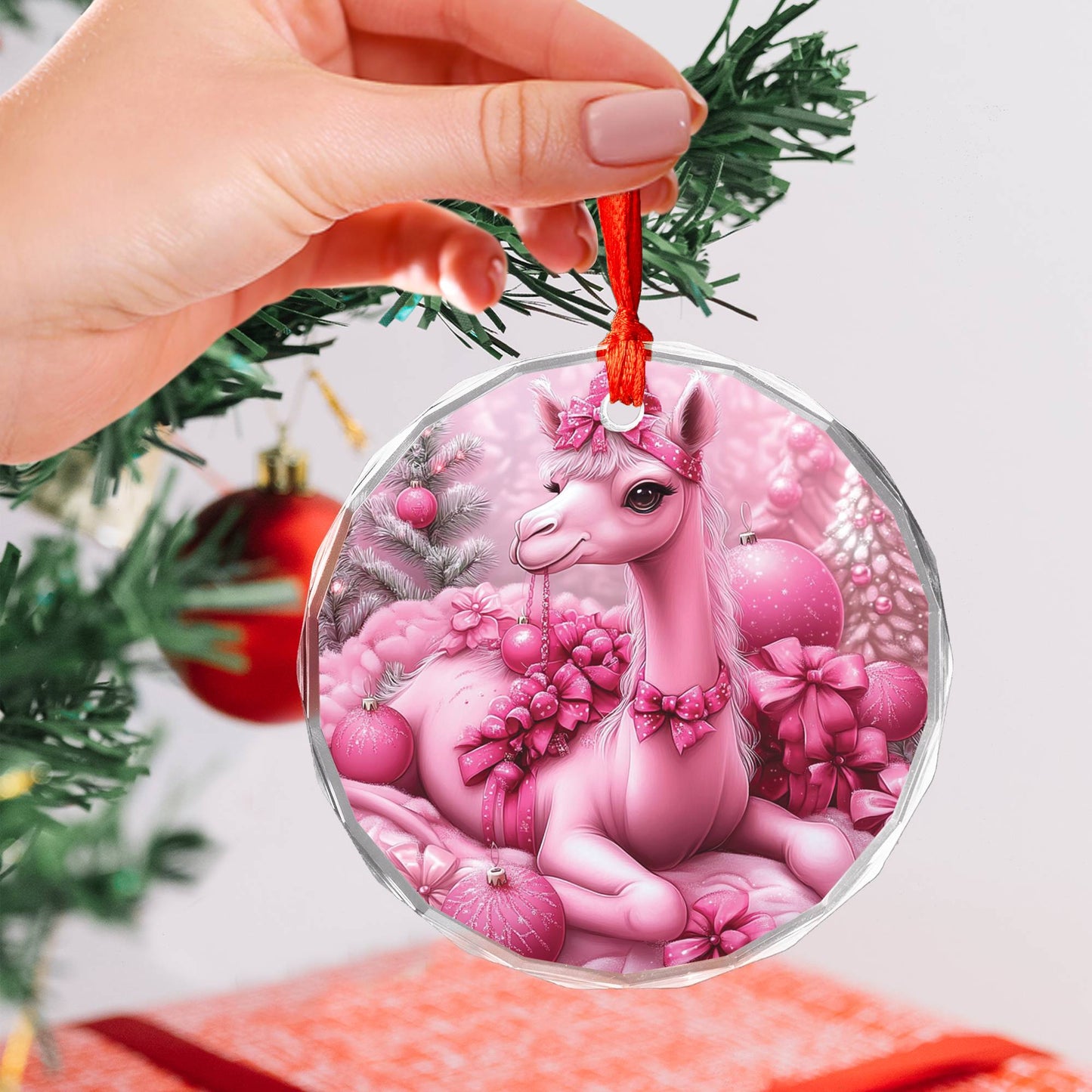 Camel Pink Christmas Design 2 Glass Ornament