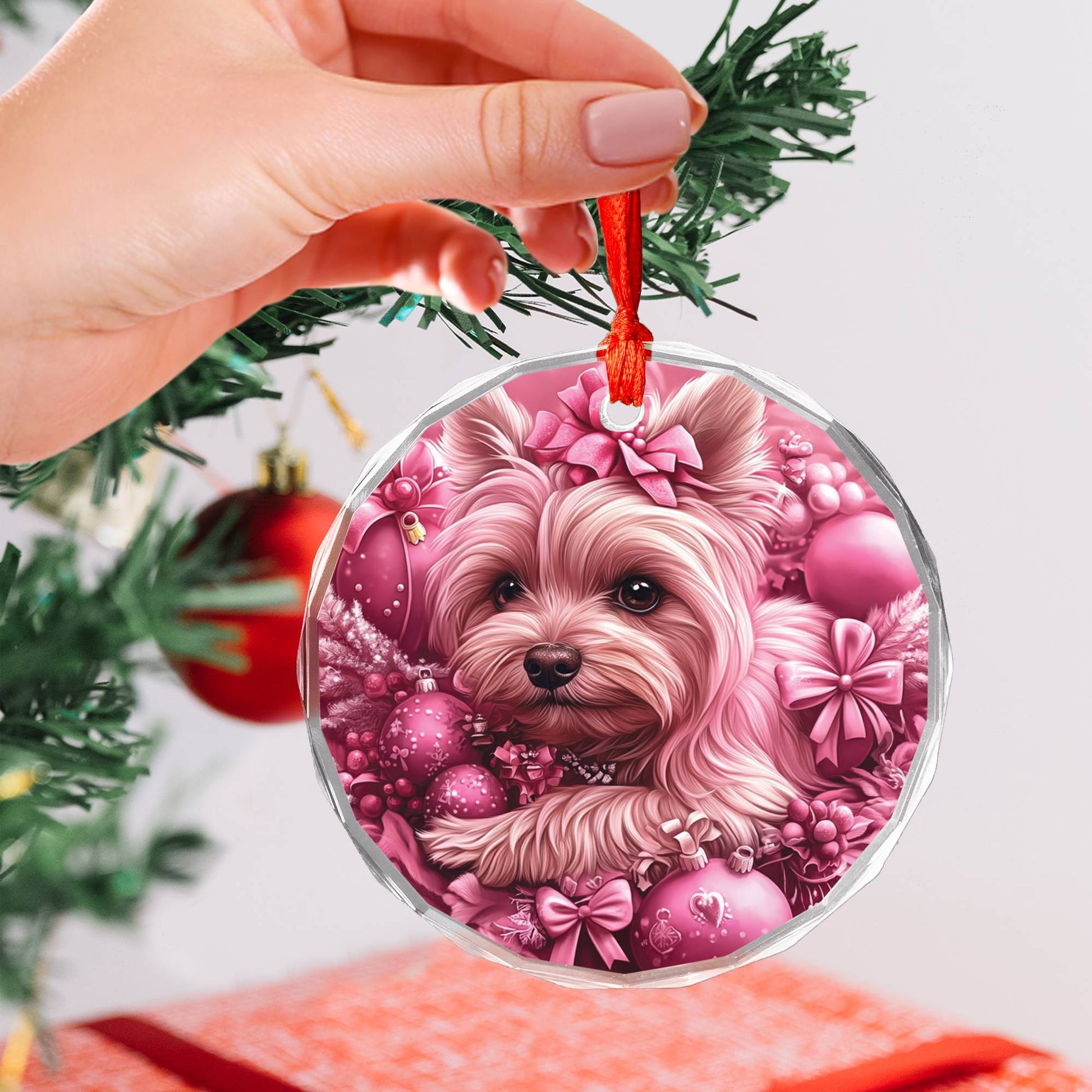Yorkshire Terrier Dog Pink Christmas Design 1 Glass Ornament