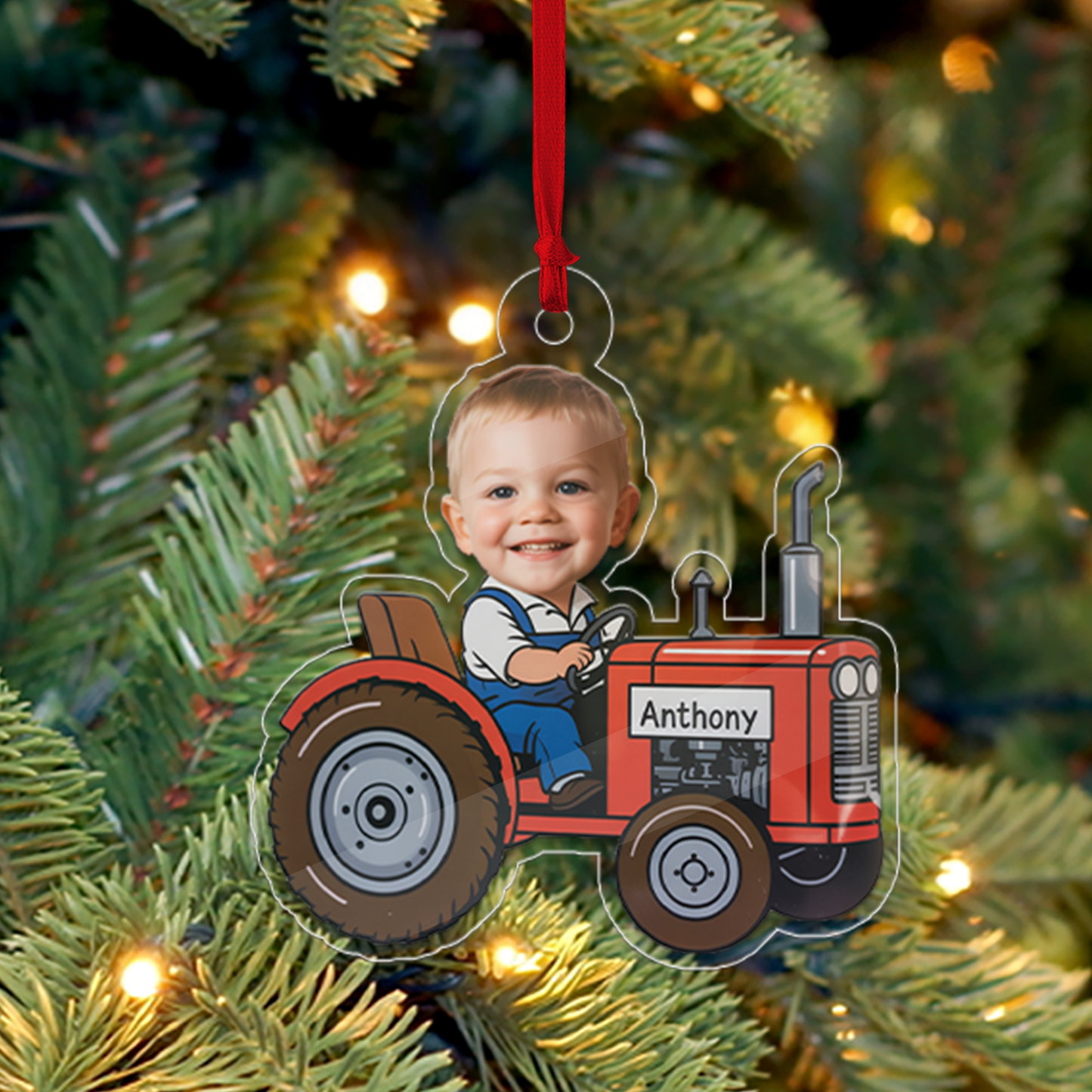 Custom Farmer Baby Face Photo Ornament, Personalized Tractor Ornament, Acrylic Funny Face Ornament, Christmas Decor