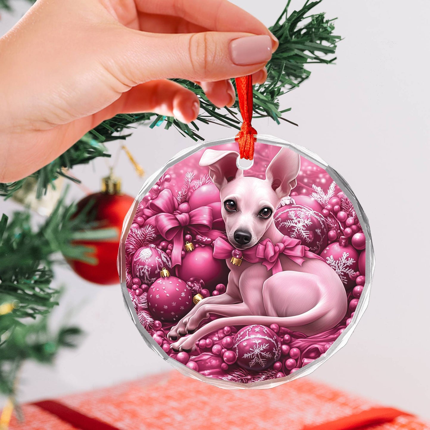 Whippet Dog Pink Christmas Design 1 Glass Ornament