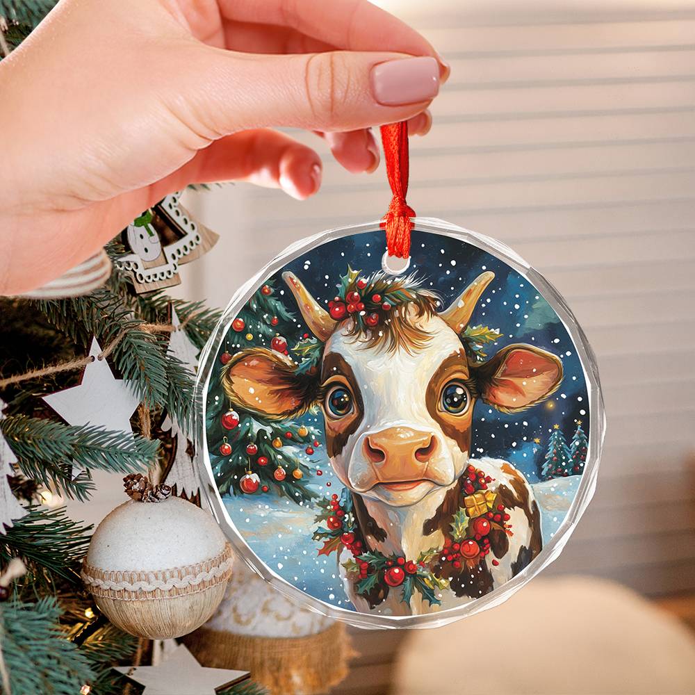 Beautiful Dairy Cow Christmas Night Design 3 Glass Ornament