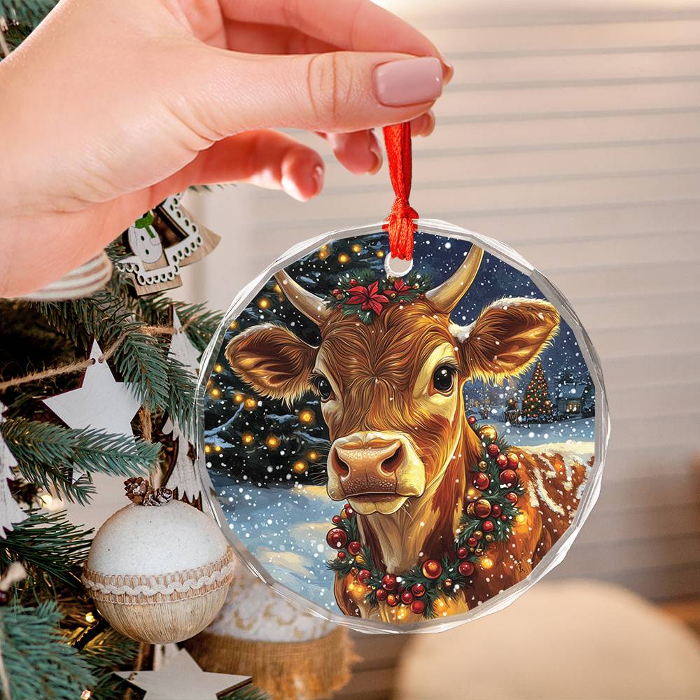 Beautiful Jersey Cow Christmas Night Design 4 Glass Ornament